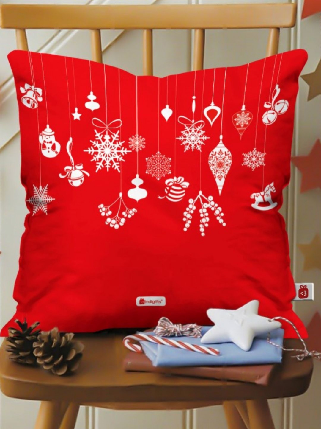Indigifts Red & White Christmas Theme Printed Satin Square Cushion Cover