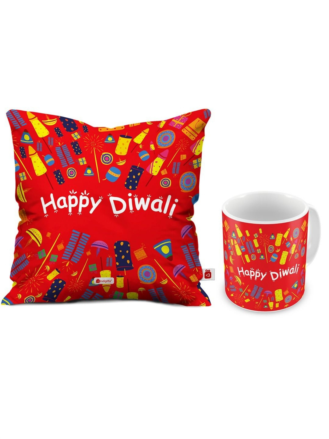 Indigifts Diwali Red Typography Polyester Silk Washable 2 Pcs Cushion Covers -12x12In