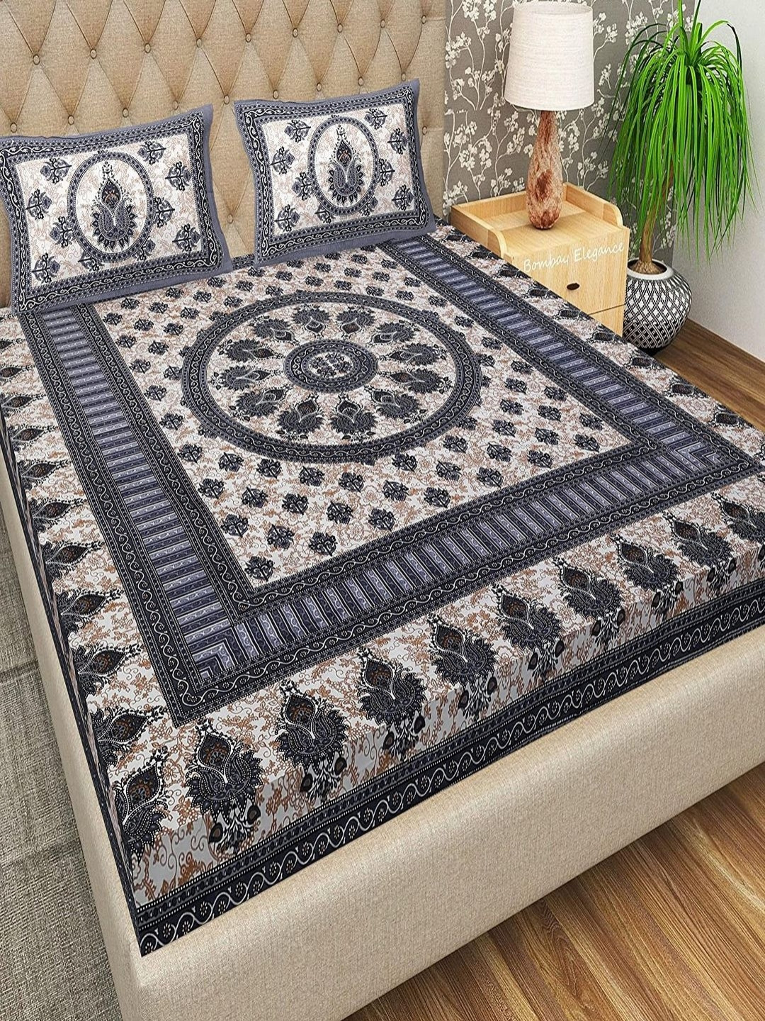 Qfab Jaipuri Grey Ethnic Motifs Cotton 144 TC Queen Bedsheet with 2 Pillow Covers-59 x 87 inches