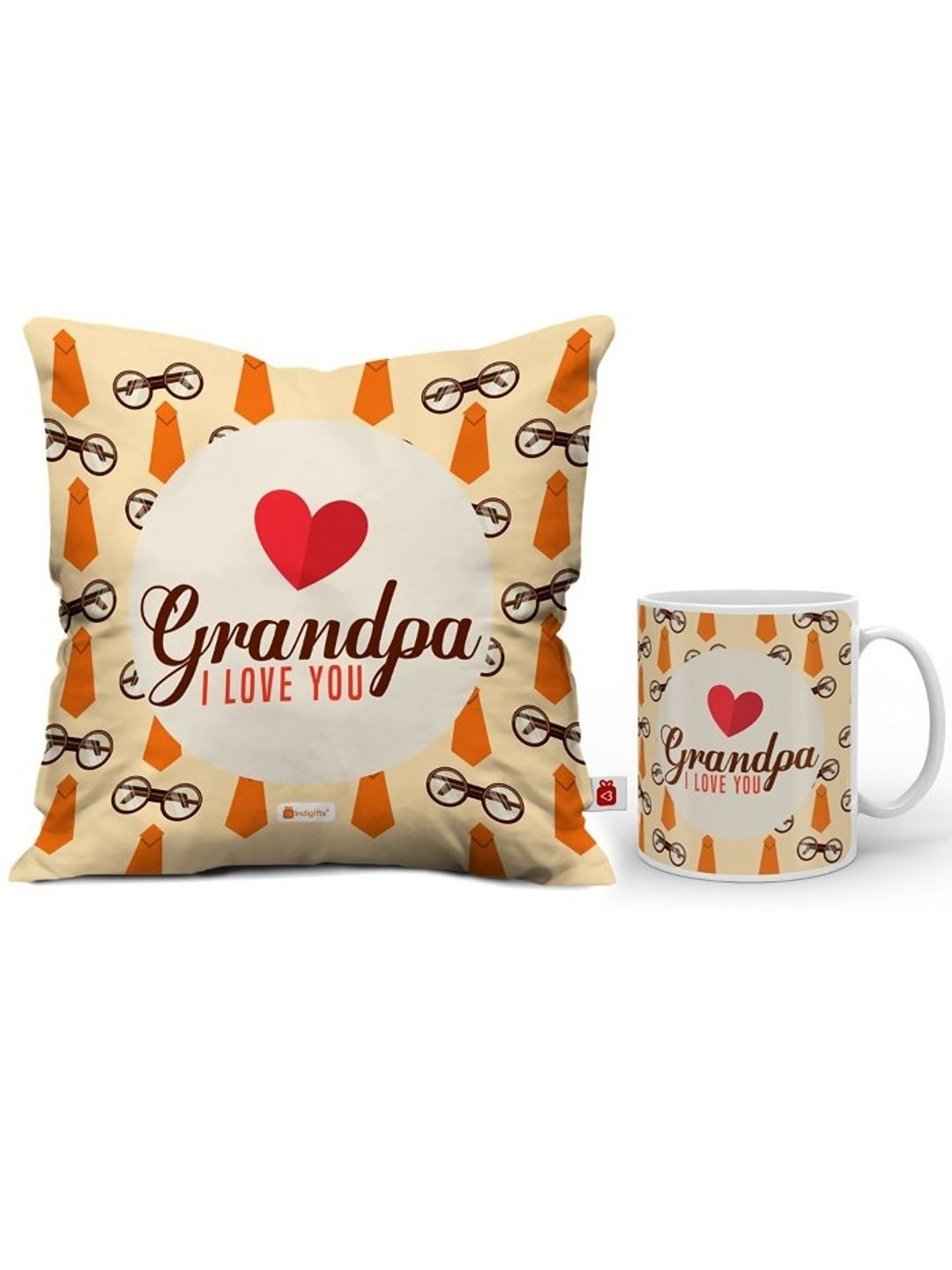Indigifts Beige & Red I Love Grandpa Printed Satin Square Cushion Cover & Mug 325ml