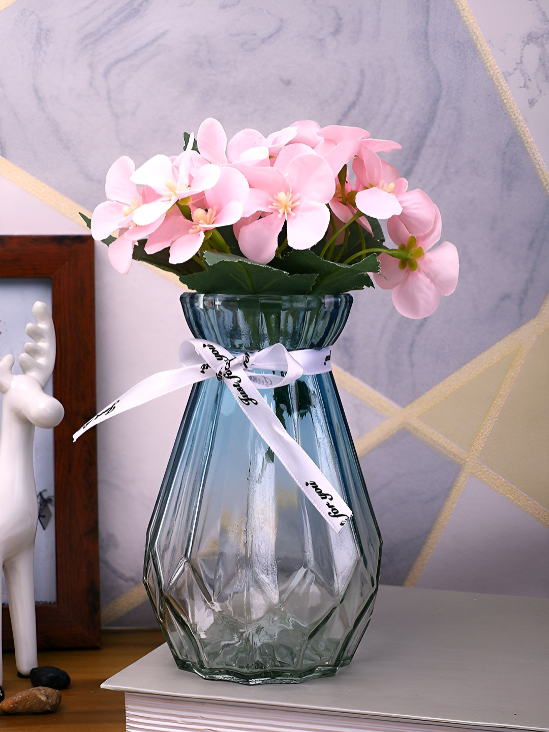 TAYHAA Blue & Transparent Glass Textured Cylindrical shaped Vase