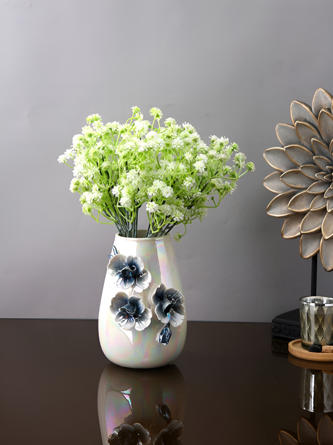 TAYHAA White & Blue Flowers Textured Ceramic Vase