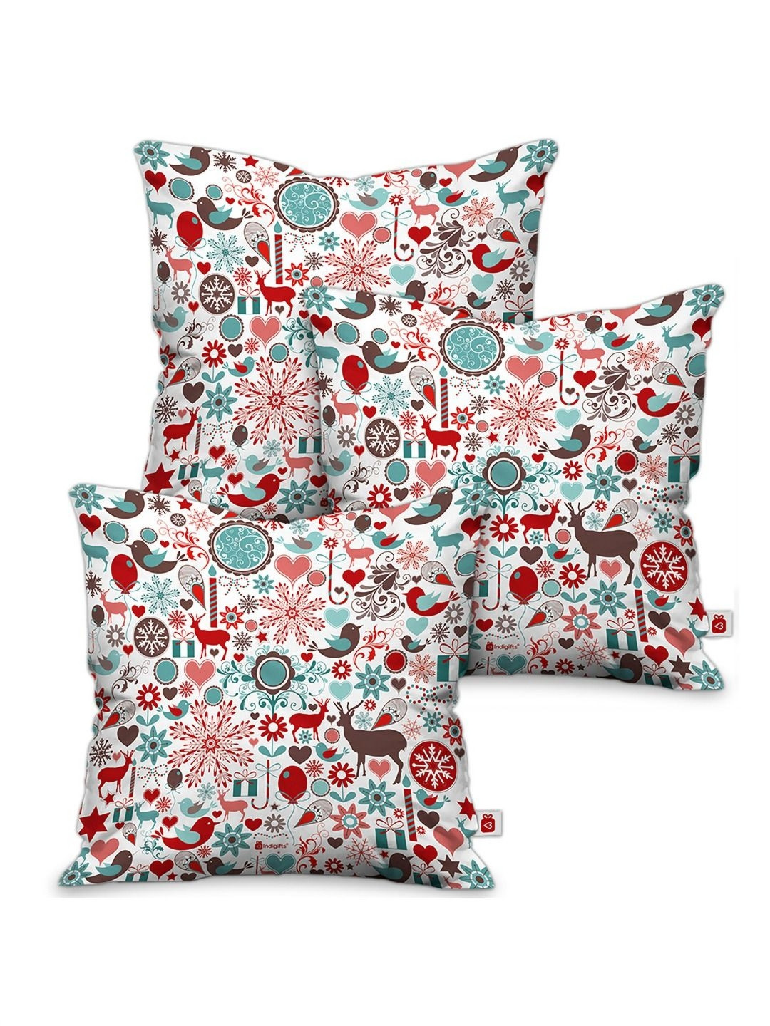 Indigifts White Graphic Polyester Washable 3 Pcs Square Cushion Covers - 11.8 x 11.8 In