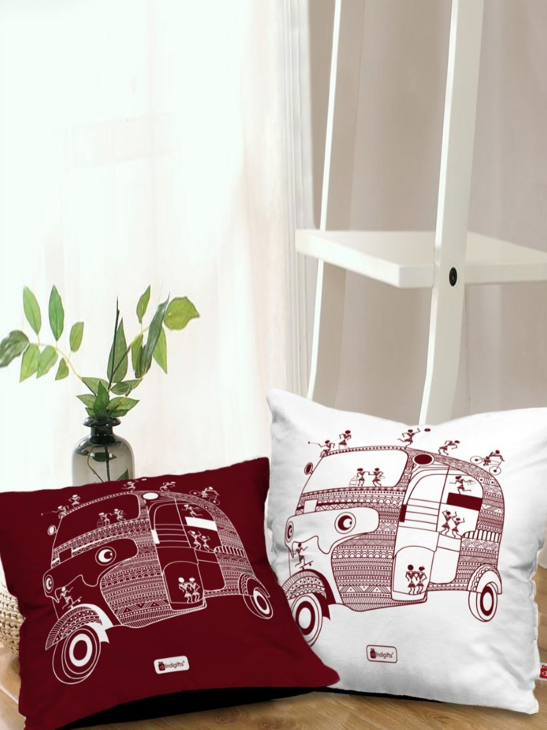 Indigifts Warli Art Ethnic Motifs Satin HD Digital 2 Pcs Square Cushion Covers -12x12In