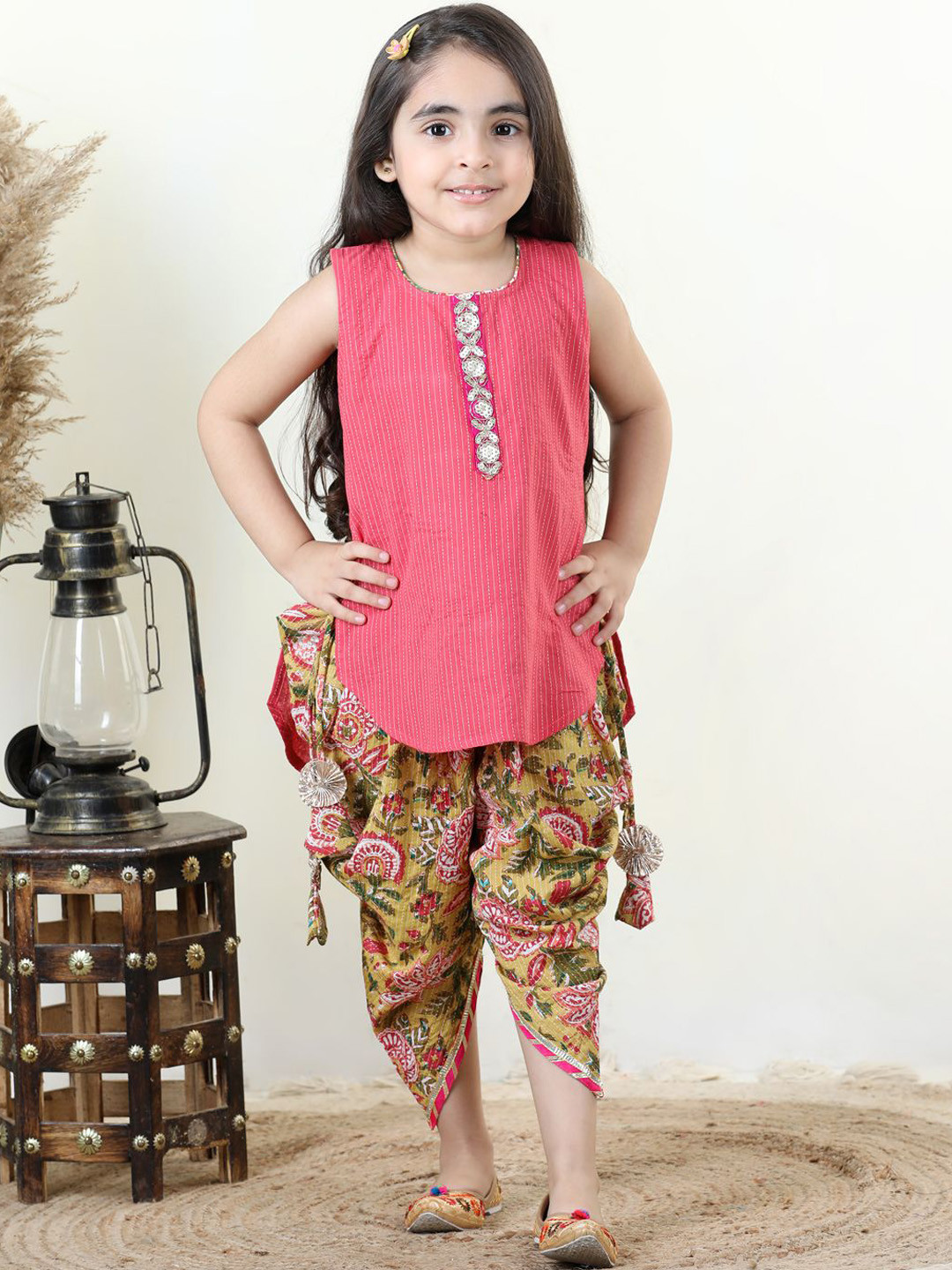 Here&Now X Kinder Kids Girls Striped Round Neck Pure Cotton Kurta with Dhoti Pant