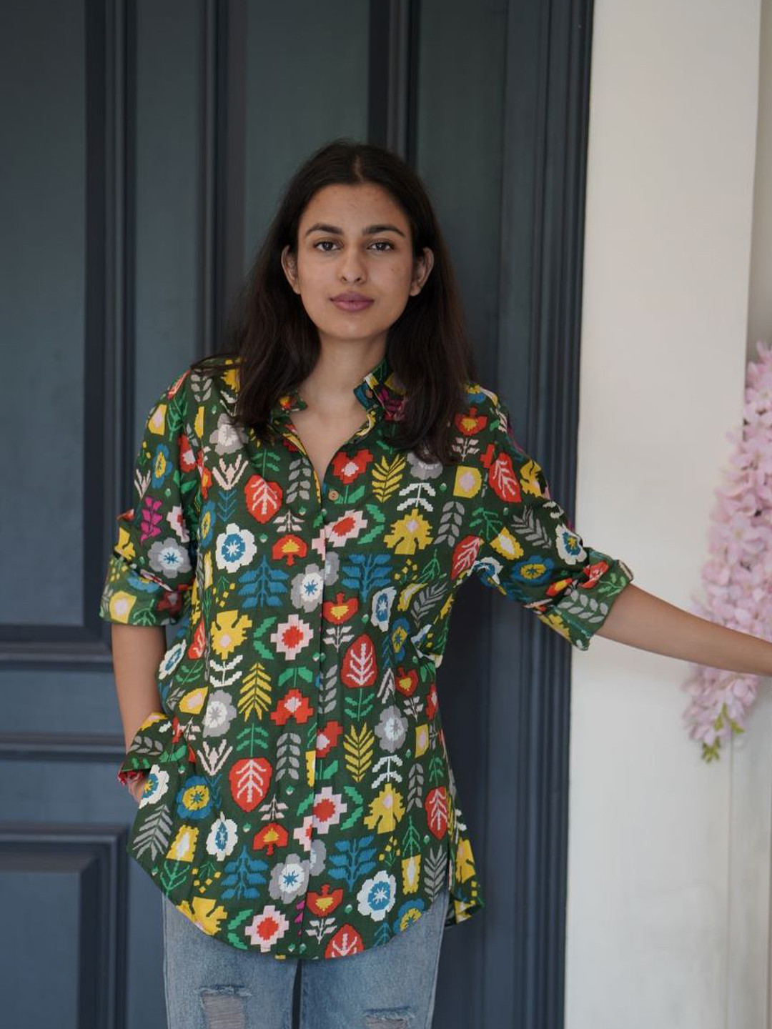 The Quince Life Women Tropical Print Tropical Printed Cotton Crop Shirt