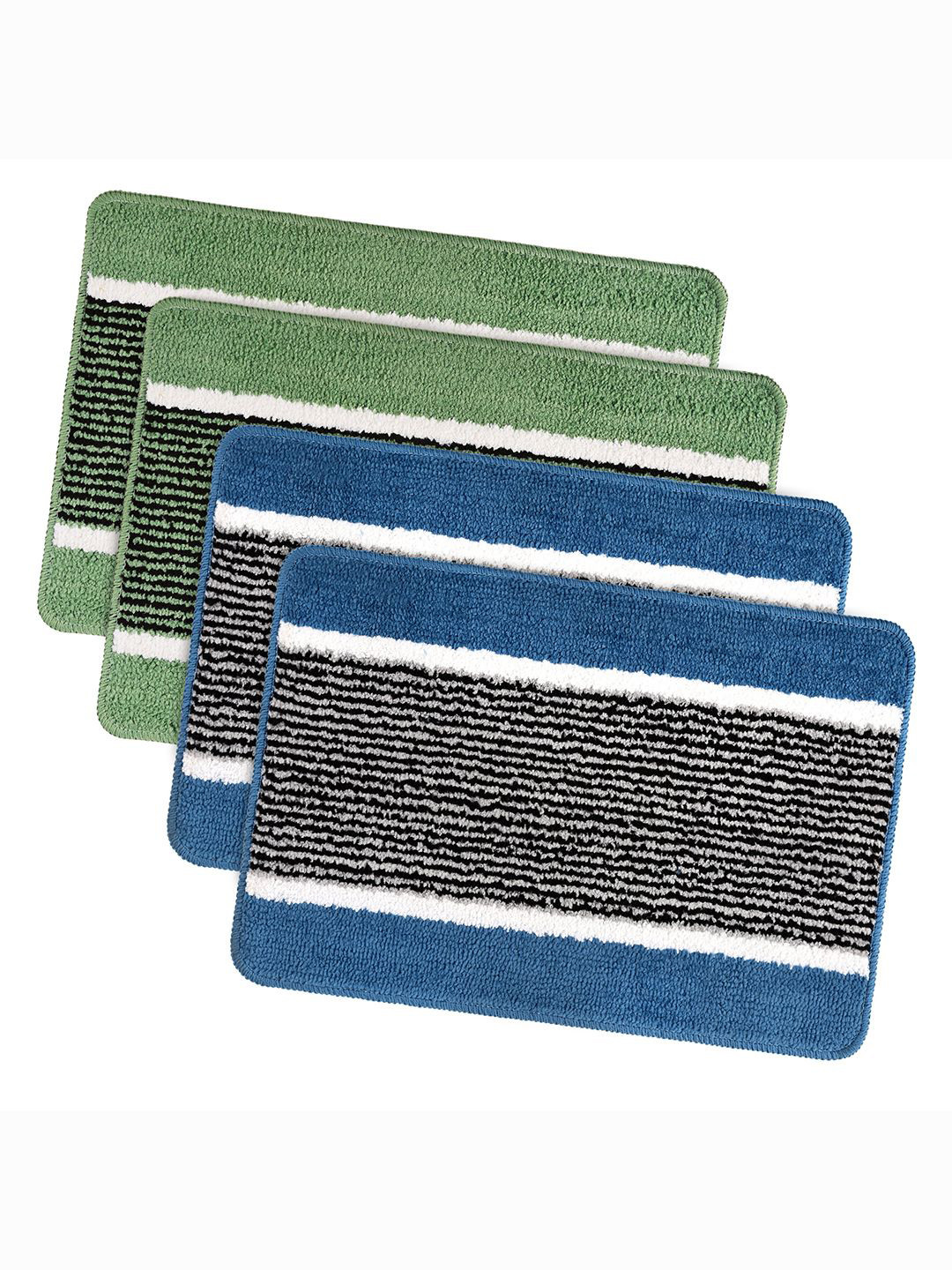 Kuber Industries Sky Blue & Green 4 Pieces Striped Anti-Skid Microfiber Door Mats