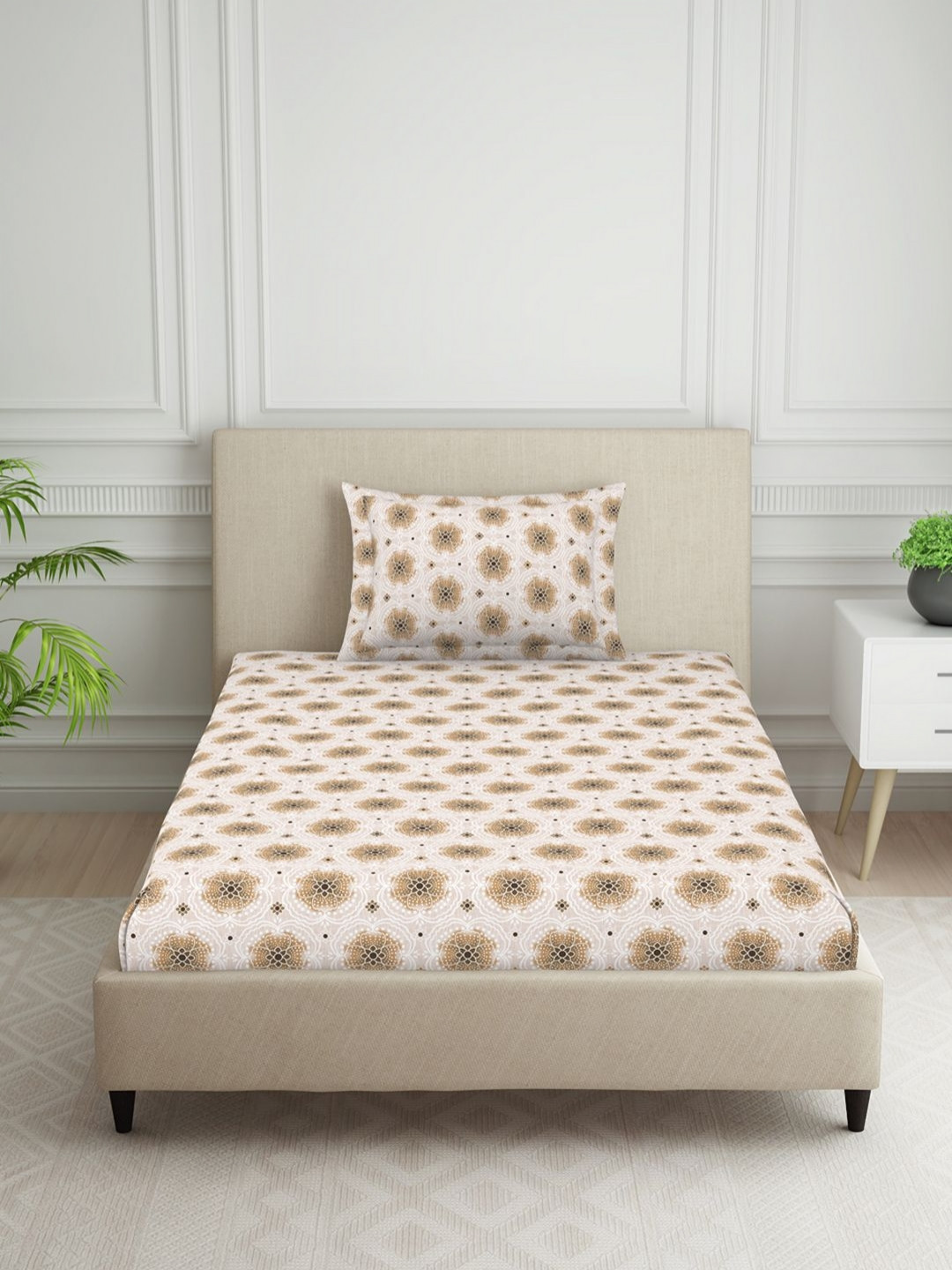 Welspun Brown & White Floral Printed 120 TC Single Bedsheet Set 152 cm X 224 cm