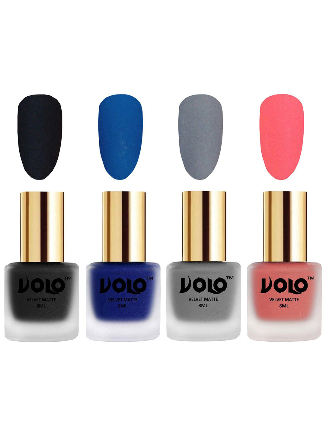 VOLO Set of 4 Velvet Dull Matte Nail Polish-8ml Each-Blue 5-Black 19-Grey 20-Dark Peach 41