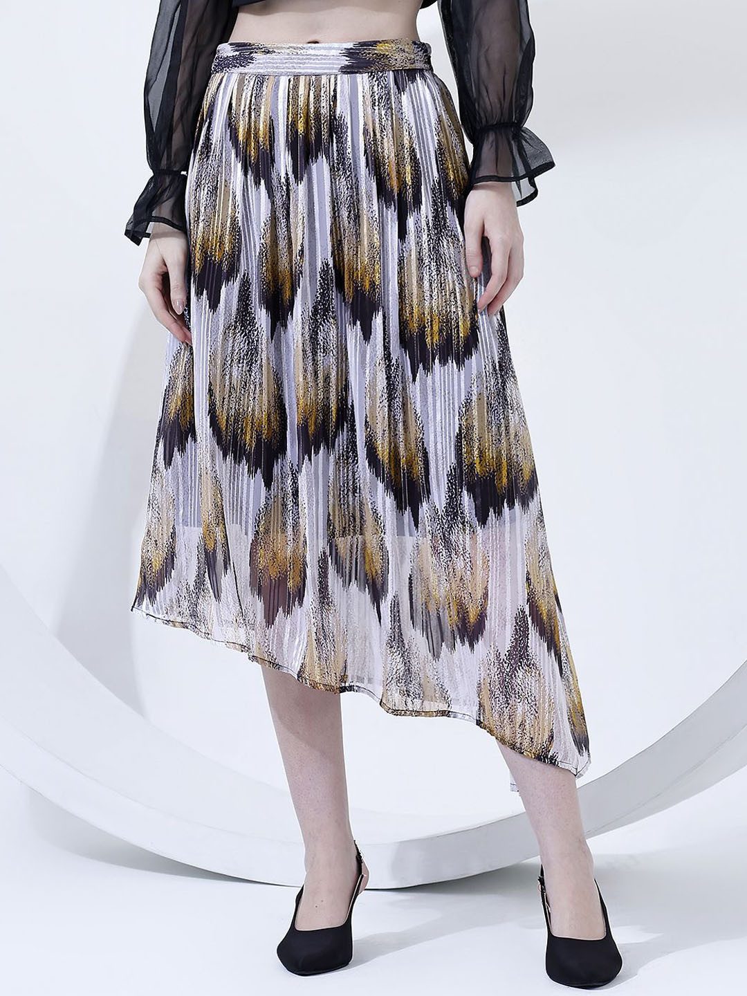 Justin Whyte Women Striped Pleated Flared Midi Skirt