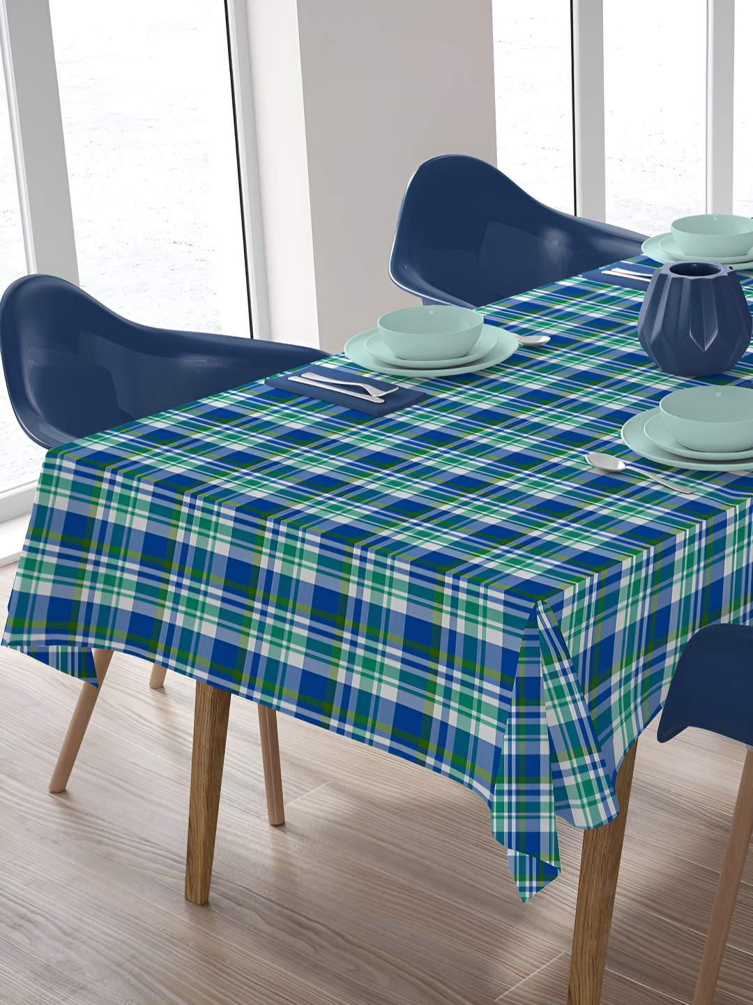 HOME COLORS.IN Blue & Green Checkered Cotton 6 Seater Table Cover