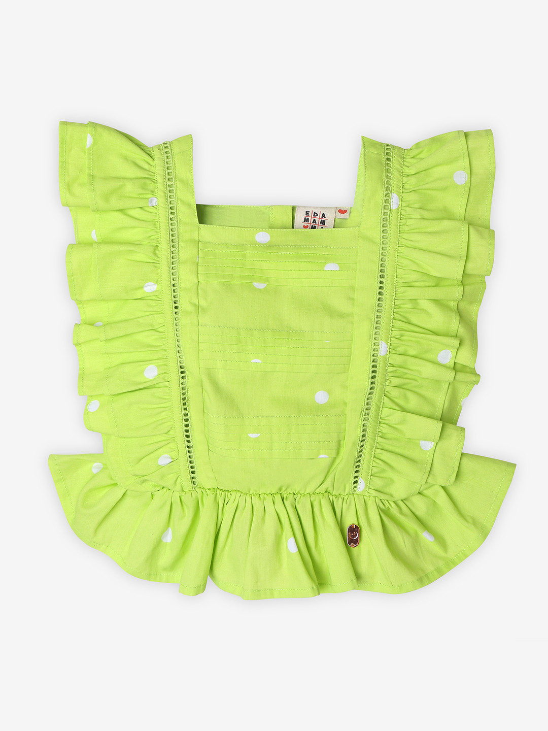 Ed-a-Mamma Girls Green Polka Dots Printed Square Neck Cotton Top