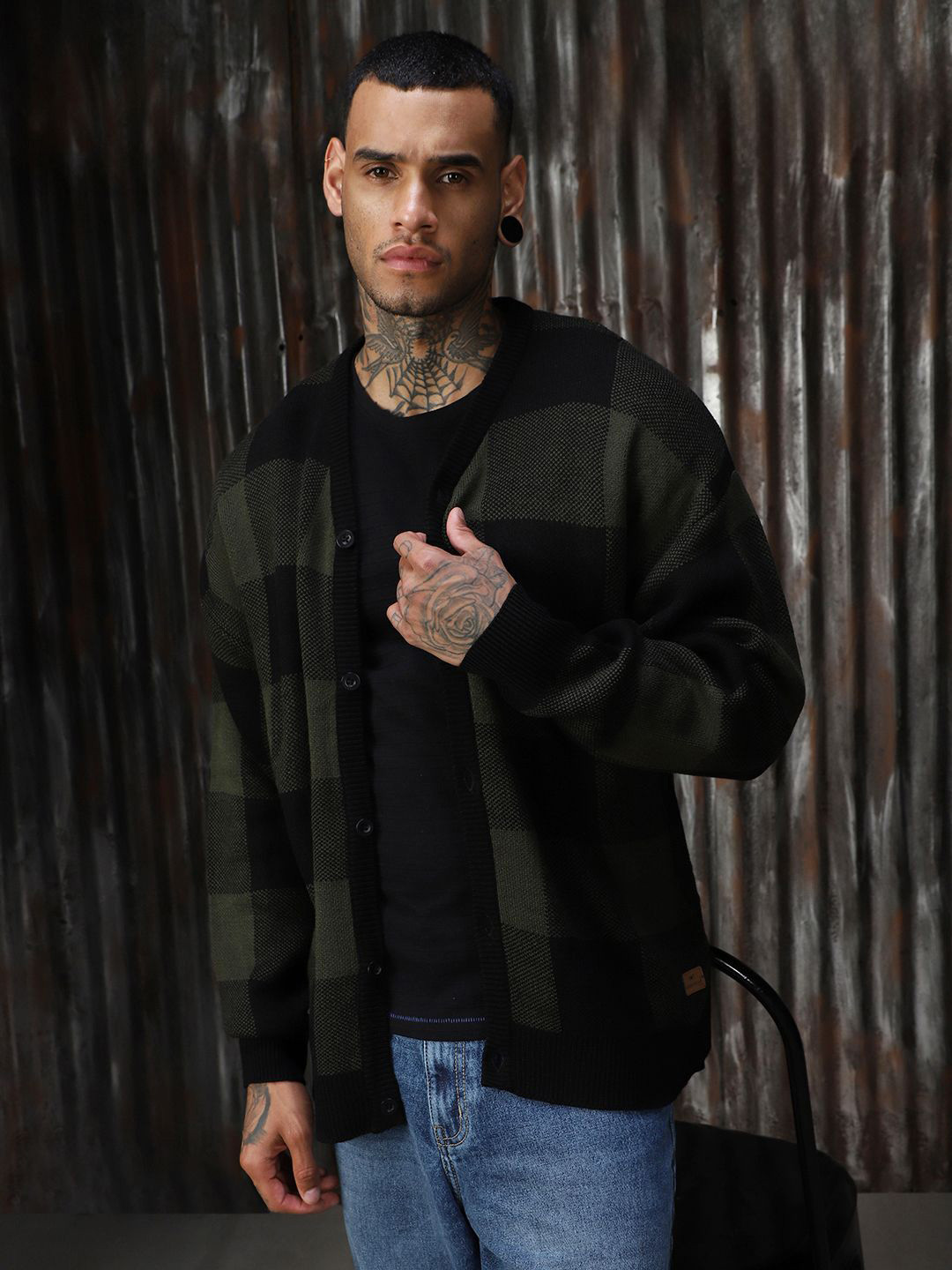 High Star Men Checked Oversized Fit Front-Open Sweater