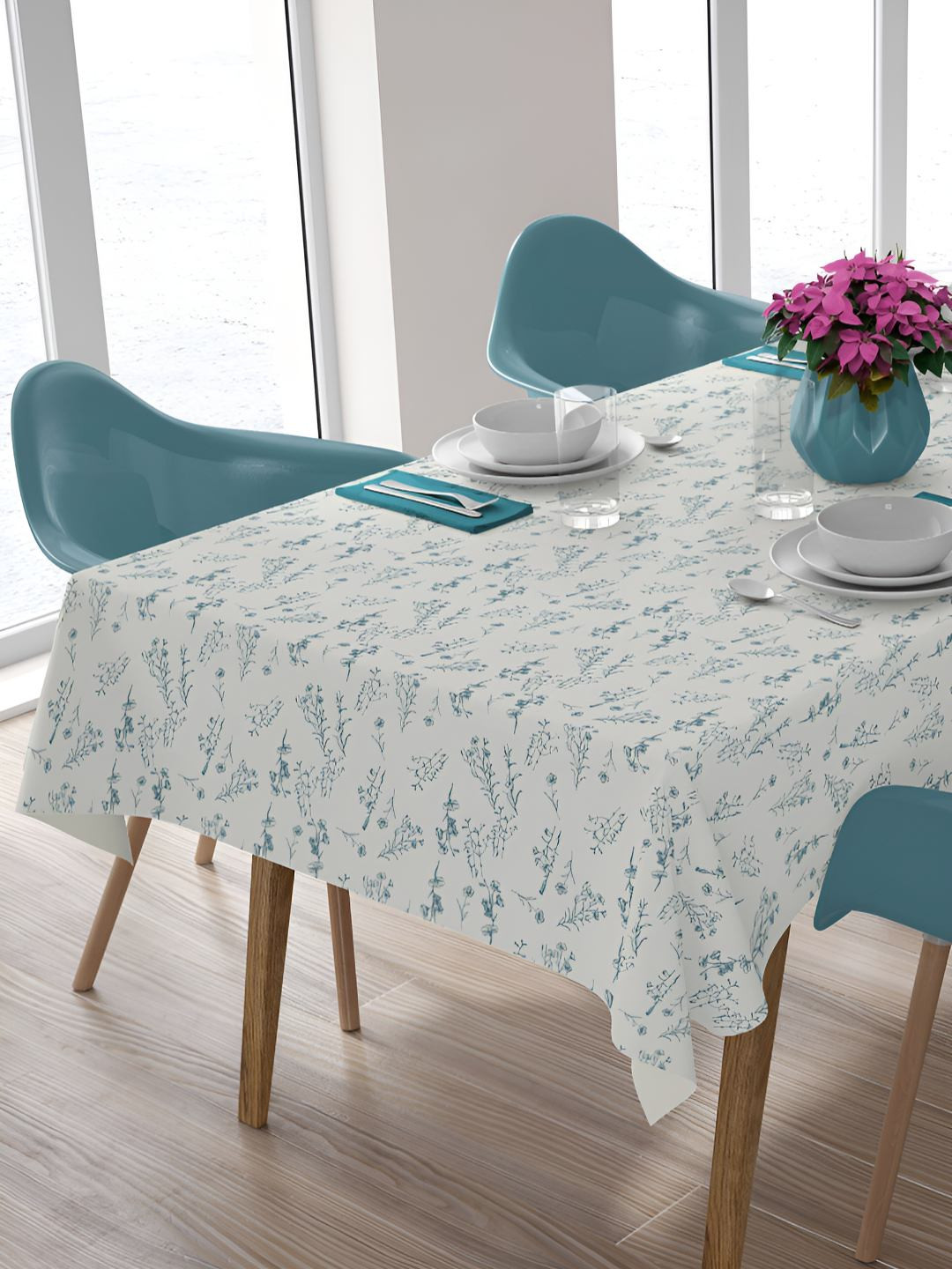 HOME COLORS.IN Blue & Cream Floral Printed Cotton 10 Seater Table Cover