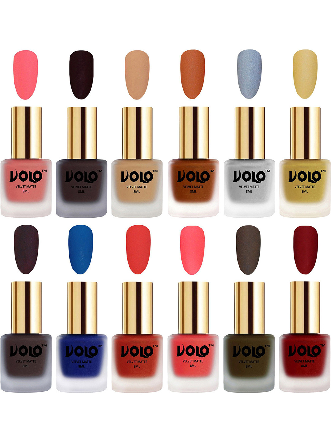 VOLO Set Of 12 Velvet Matte Nail Polish - 8 ml Each Shade- Dark Wine - Coral - Tomato Red