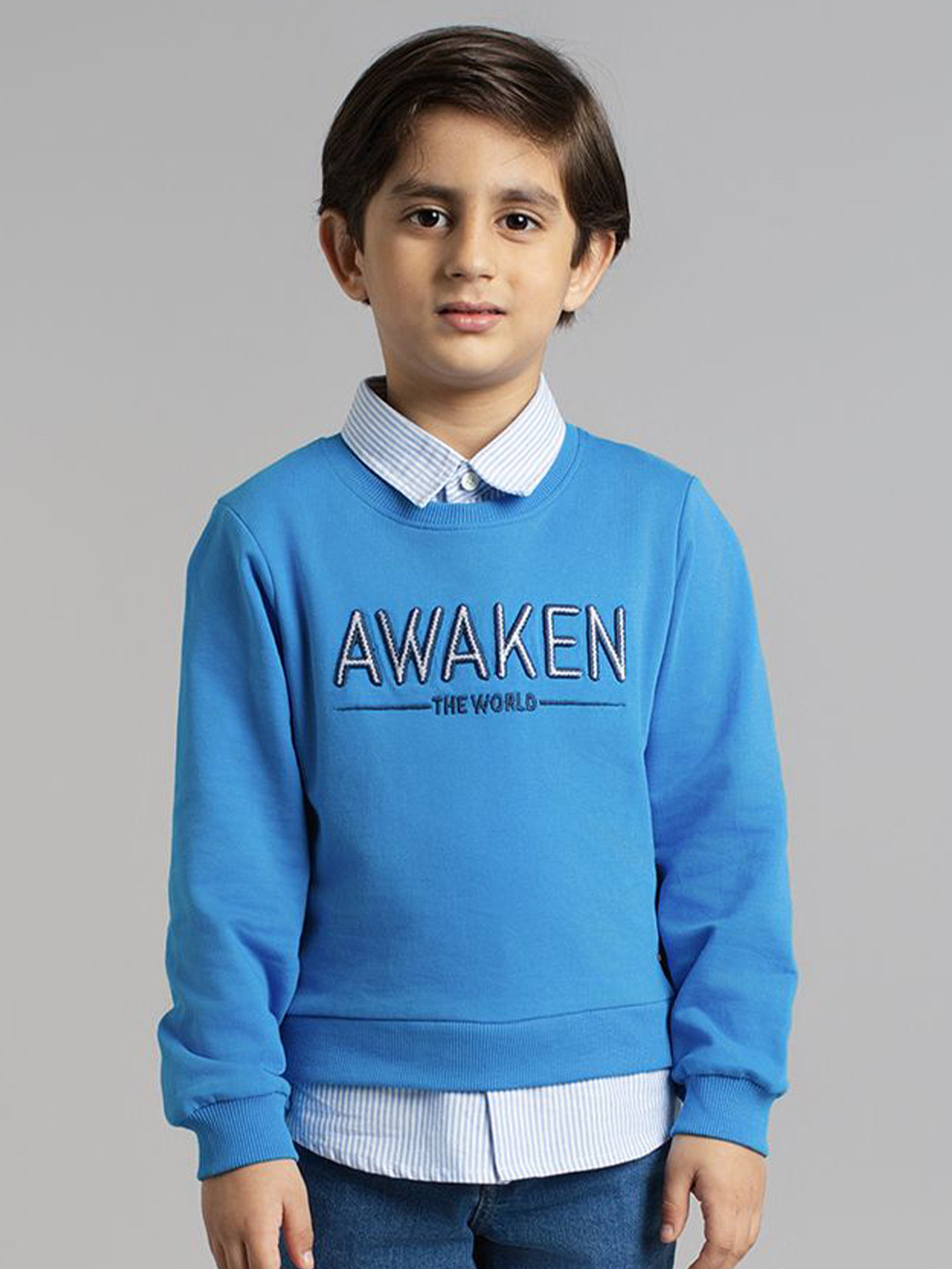 Ed-a-Mamma Boys Typography Printed Round Neck Cotton Sweatshirt With Collar