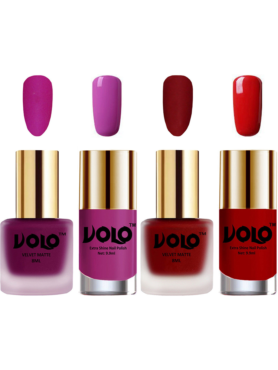 VOLO Set Of 4 Velvet Matte Nail Polish - 8 ml & 9.9ml Each - Magenta-Tomato Red-Plum-Red