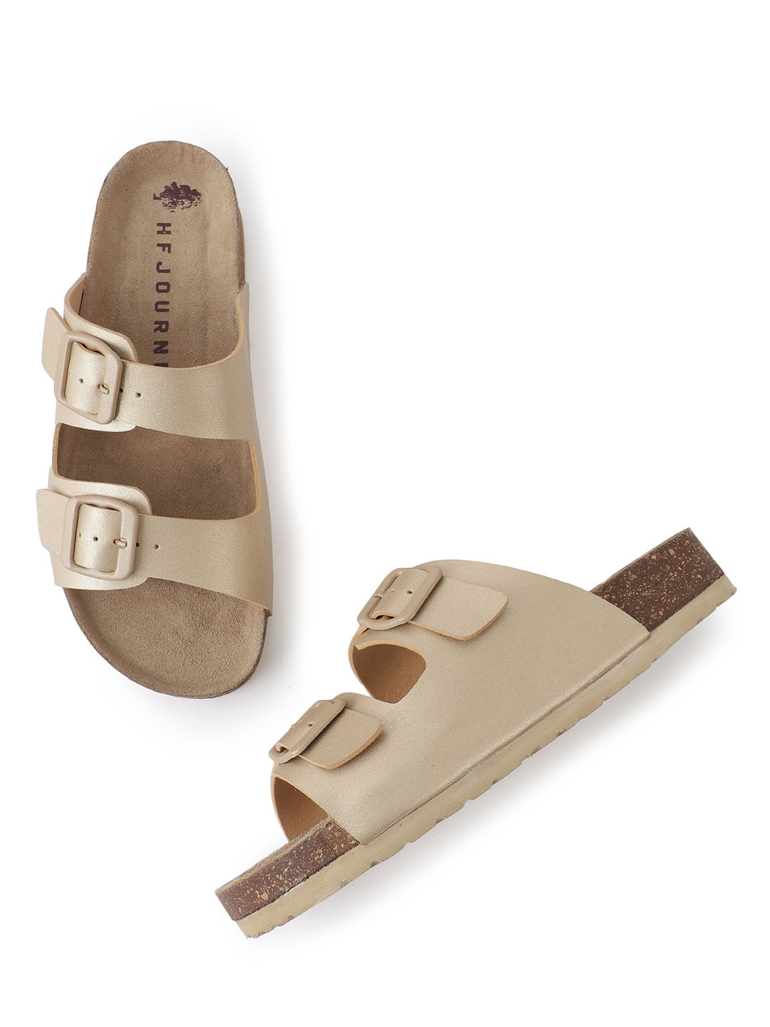 HF JOURNEY Women Golden Metallic Width Buckle Comfort Cork T-Strap Flats
