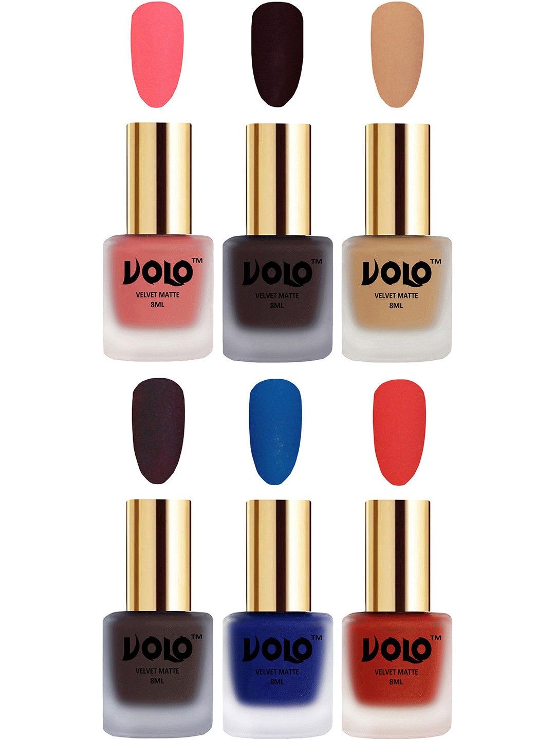 VOLO Set Of 6 Velvet Matte Nail Polish - 8 ml Each - Dark Wine -Coral-Dark Coffee-Blue
