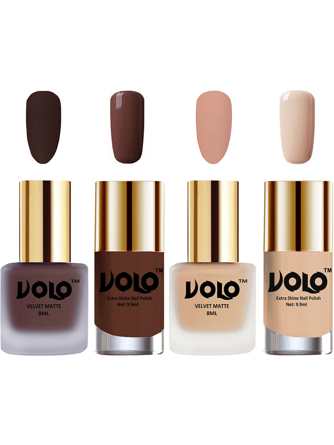 VOLO Set Of 4 Velvet Matte Nail Polish-8 ml & 9.9ml Each -Light Peach-Nude-Chocolate Brown