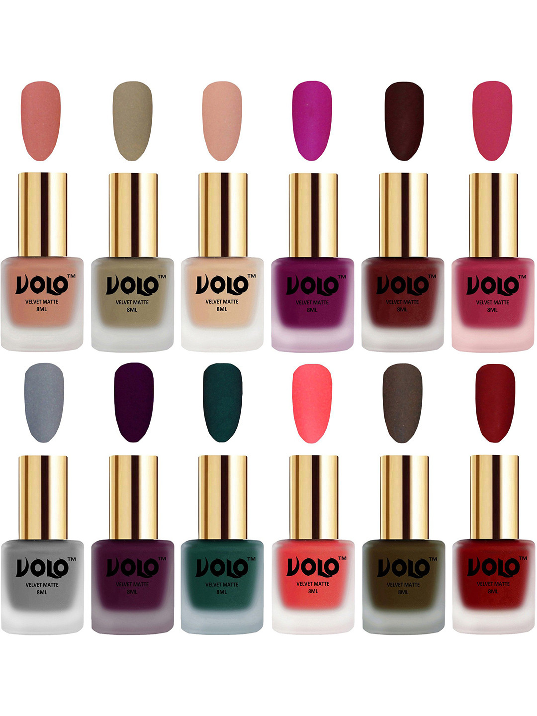 VOLO Set Of 12 Velvet Matte Nail Polish - 8 ml Each -Magenta - Light Wine - Tomato Red