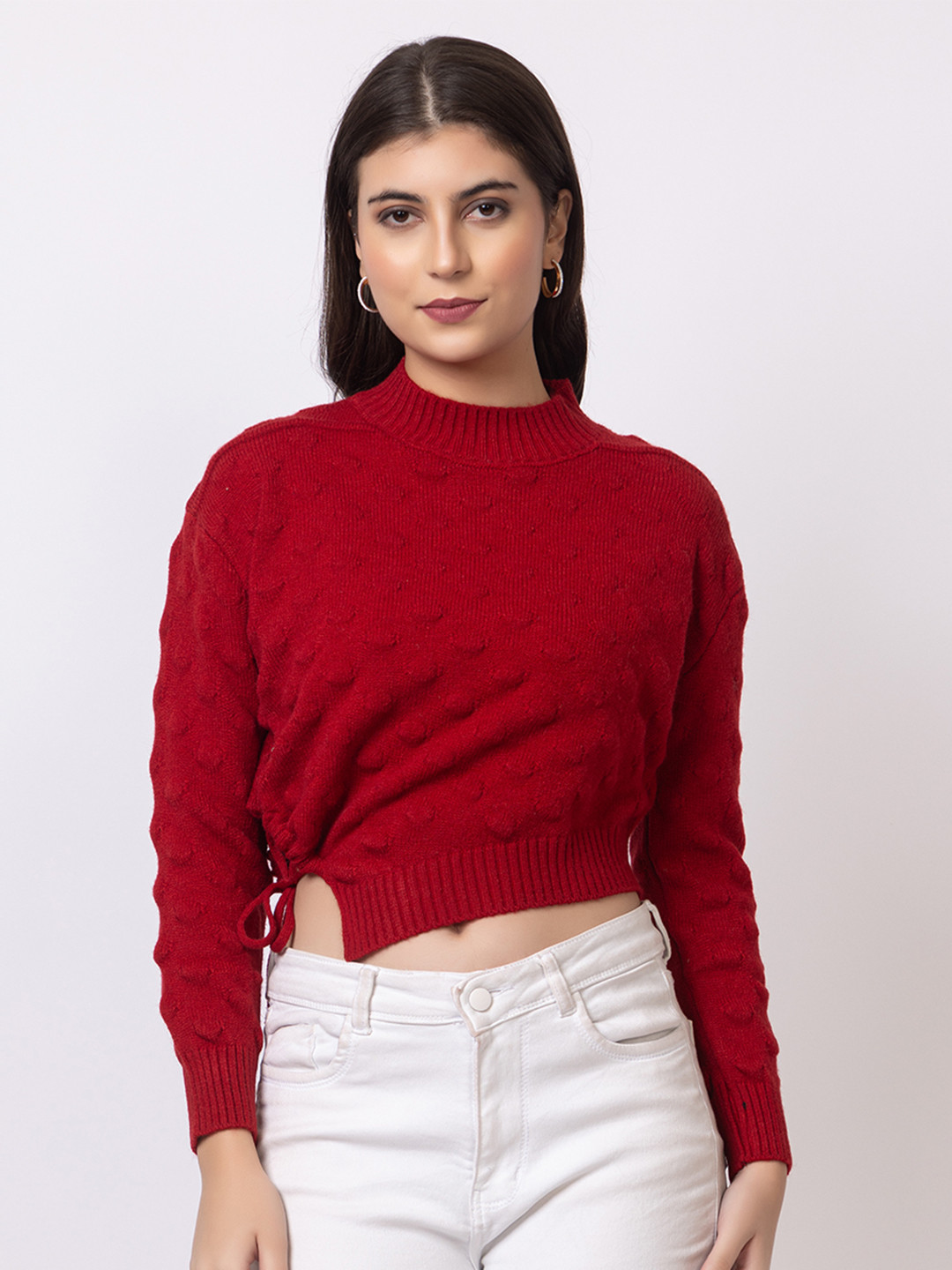 GFO Women Solid Woolen Crop Side Knot Tops Type Sweaters