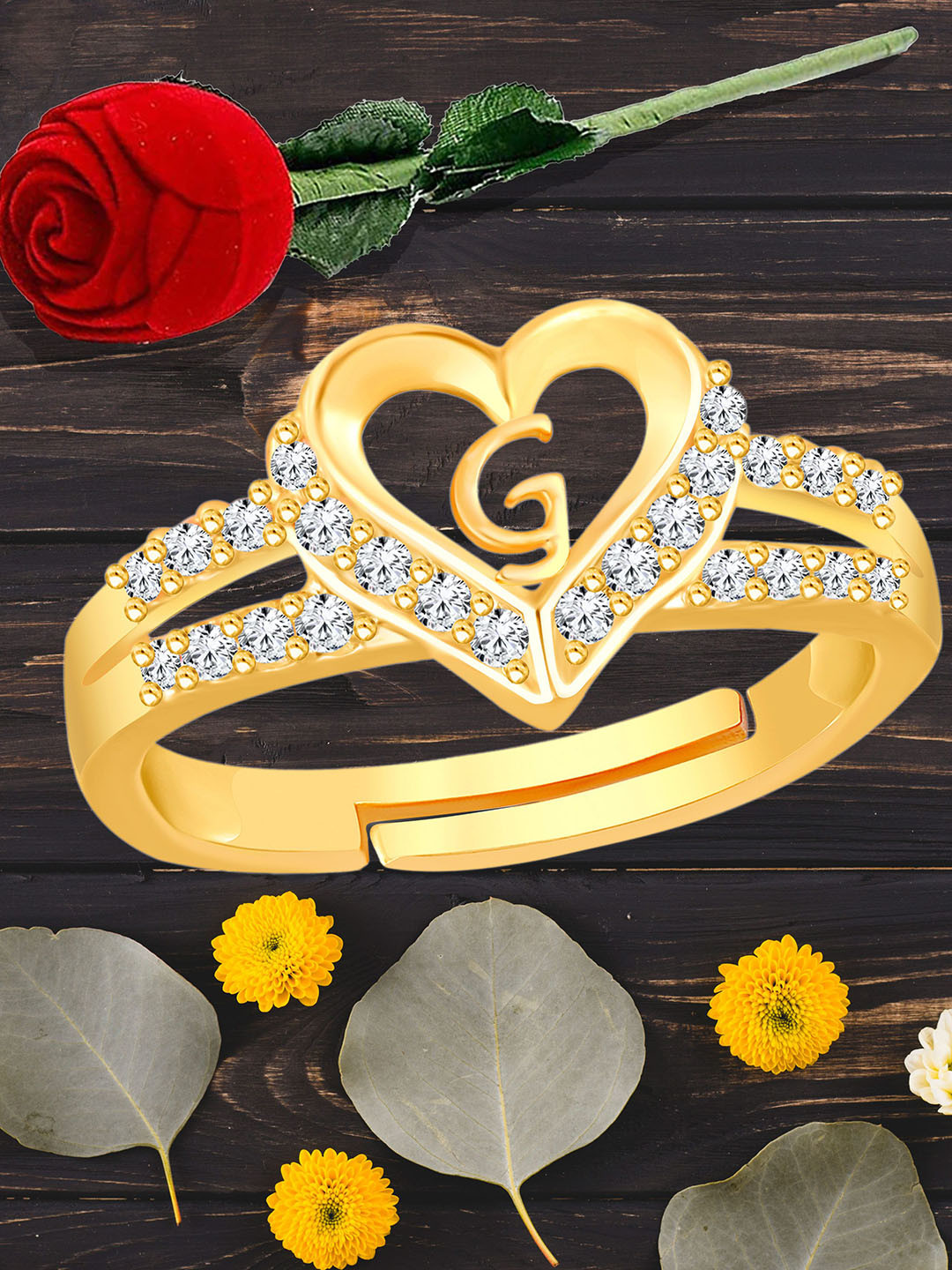 Heer Collection Gold-Plated American Diamond Studded Alphabet G Adjustable Finger Ring