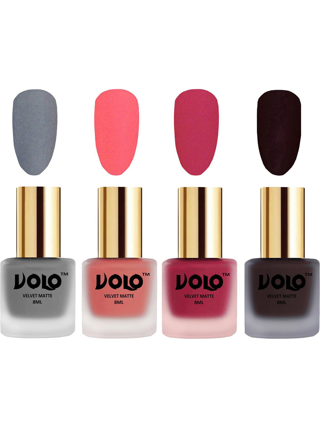 VOLO Set Of 4 Velvet Matte Nail Polish- 8 ml Each- Dark Wine-Grey-Dark Peach-Passion Pink