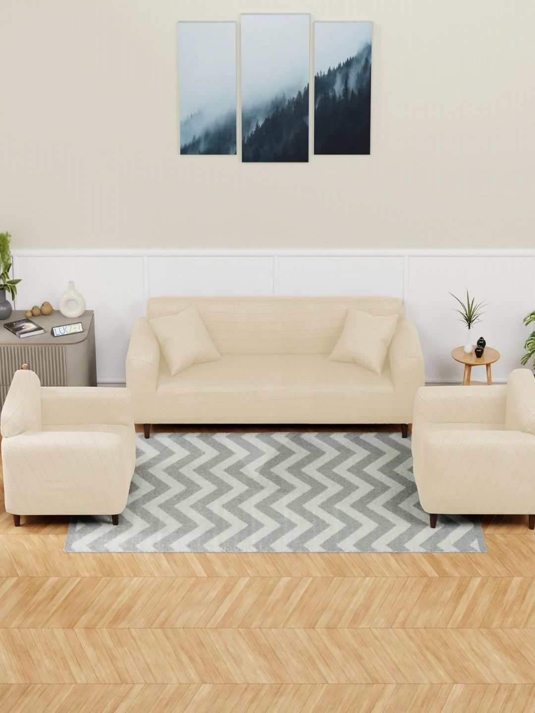 Aura Cream Colored 3 Pieces Textured 5 Seater Sofa Covers With Arms