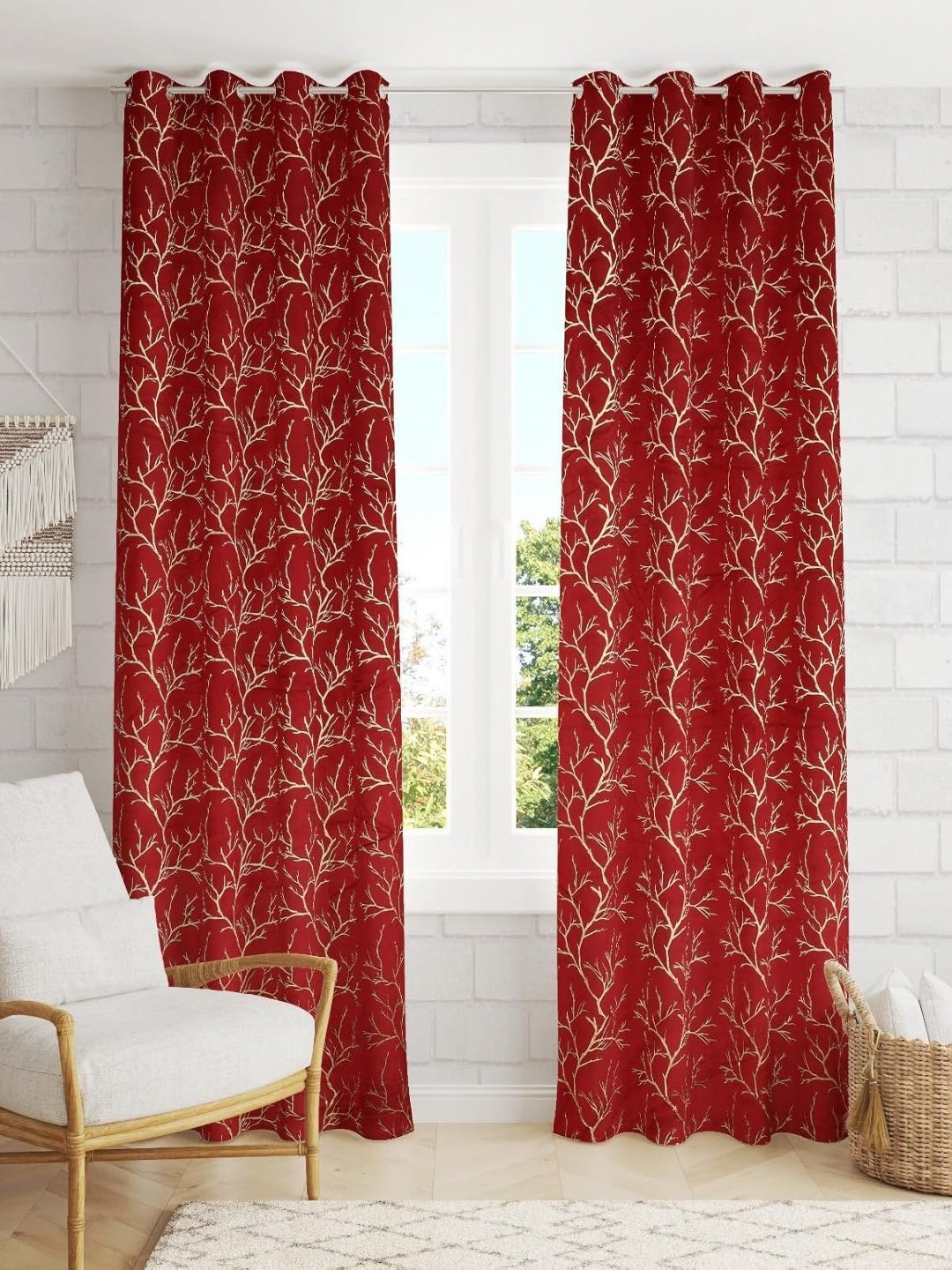 Banchmark Home Furnishings Red & Beige 2 Pieces Floral Room Darkening Door Curtain