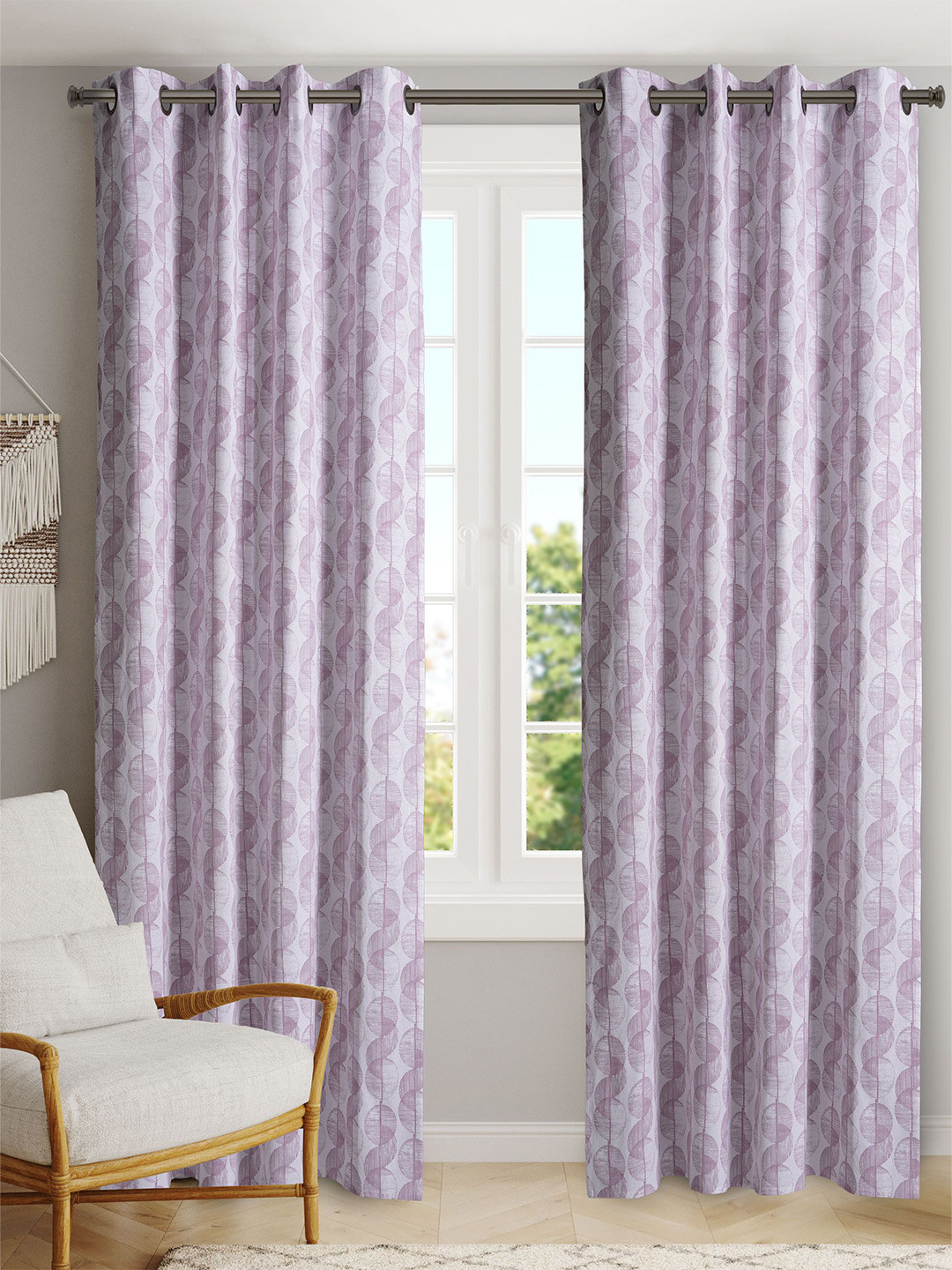 BLANC9 White & Purple 2 Pieces Geometric Printed Black Out Door Curtain