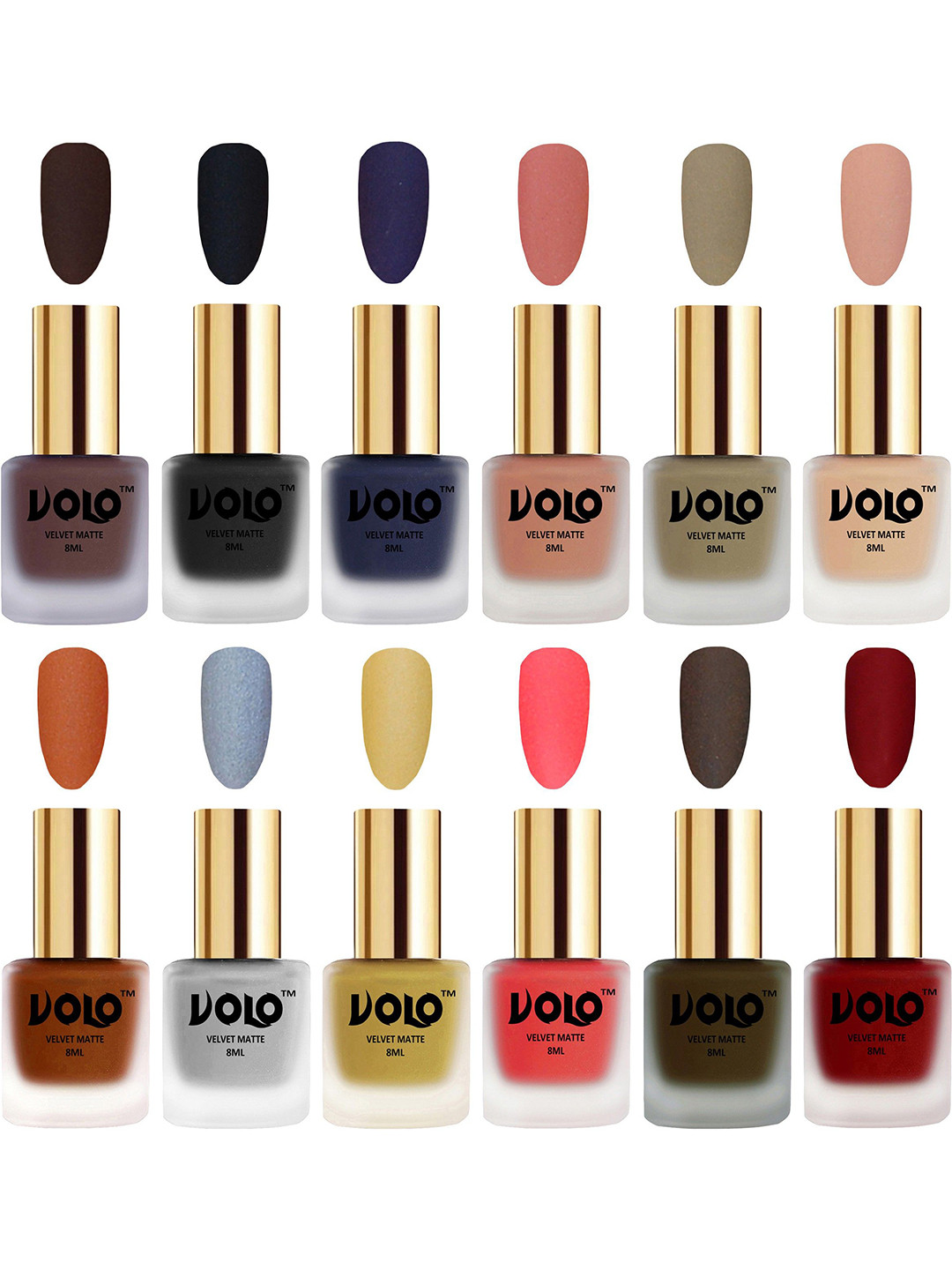 VOLO Set Of 12 Velvet Matte Nail Polish - 8 ml Each -Red-Nude-Neon-Navy Blue-Peach-Olive