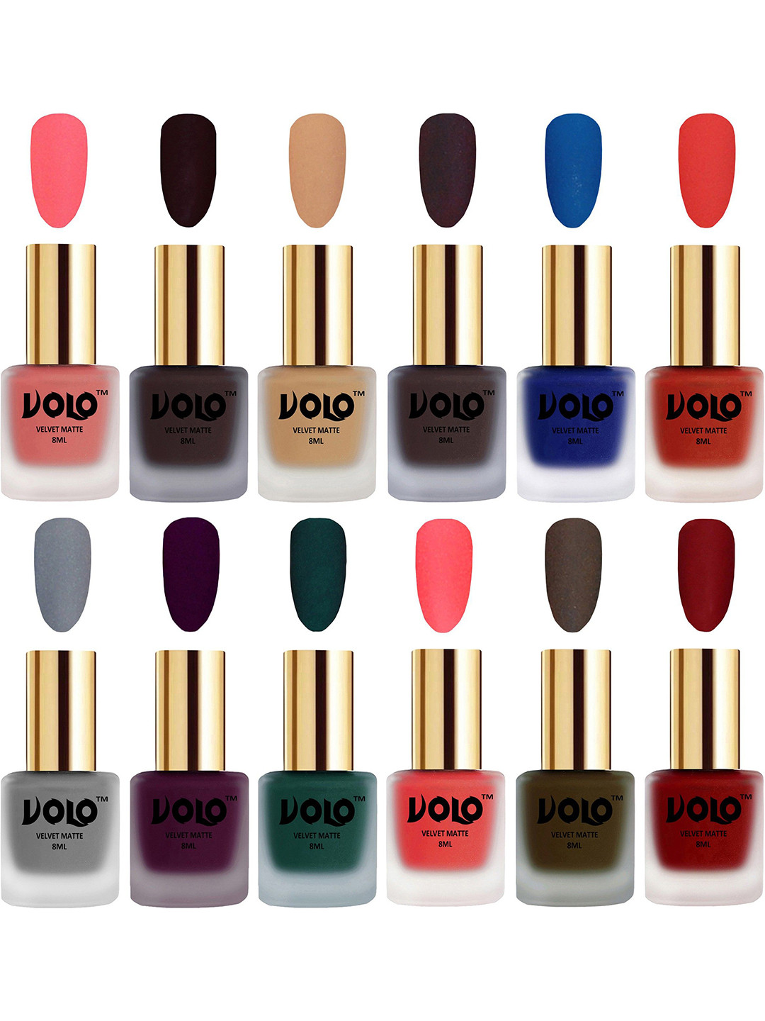 VOLO Set Of 12 Velvet Matte Nail Polish - 8 ml Each Shade Dark Wine - Coral - Light Wine