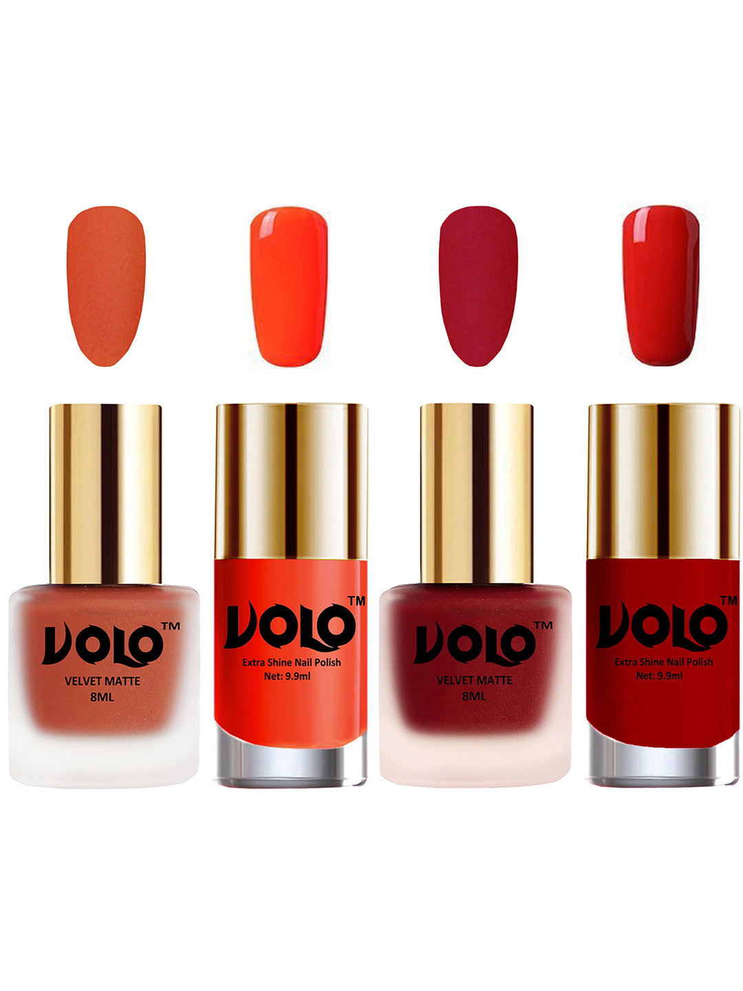 VOLO Set Of 4 Velvet Matte Nail Polish-8 ml & 9.9 ml Each-Coral-Reddish-Passion Red-Orange
