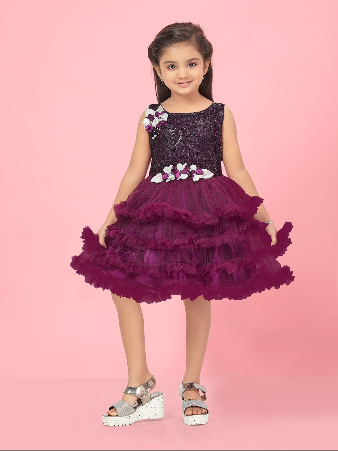 BAESD Girls Self Design Net Net Fit & Flare Dress