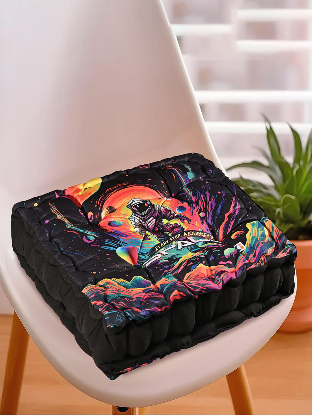 Kuber Industries Journey to Space Comfy Black & Red Printed Chair Pad