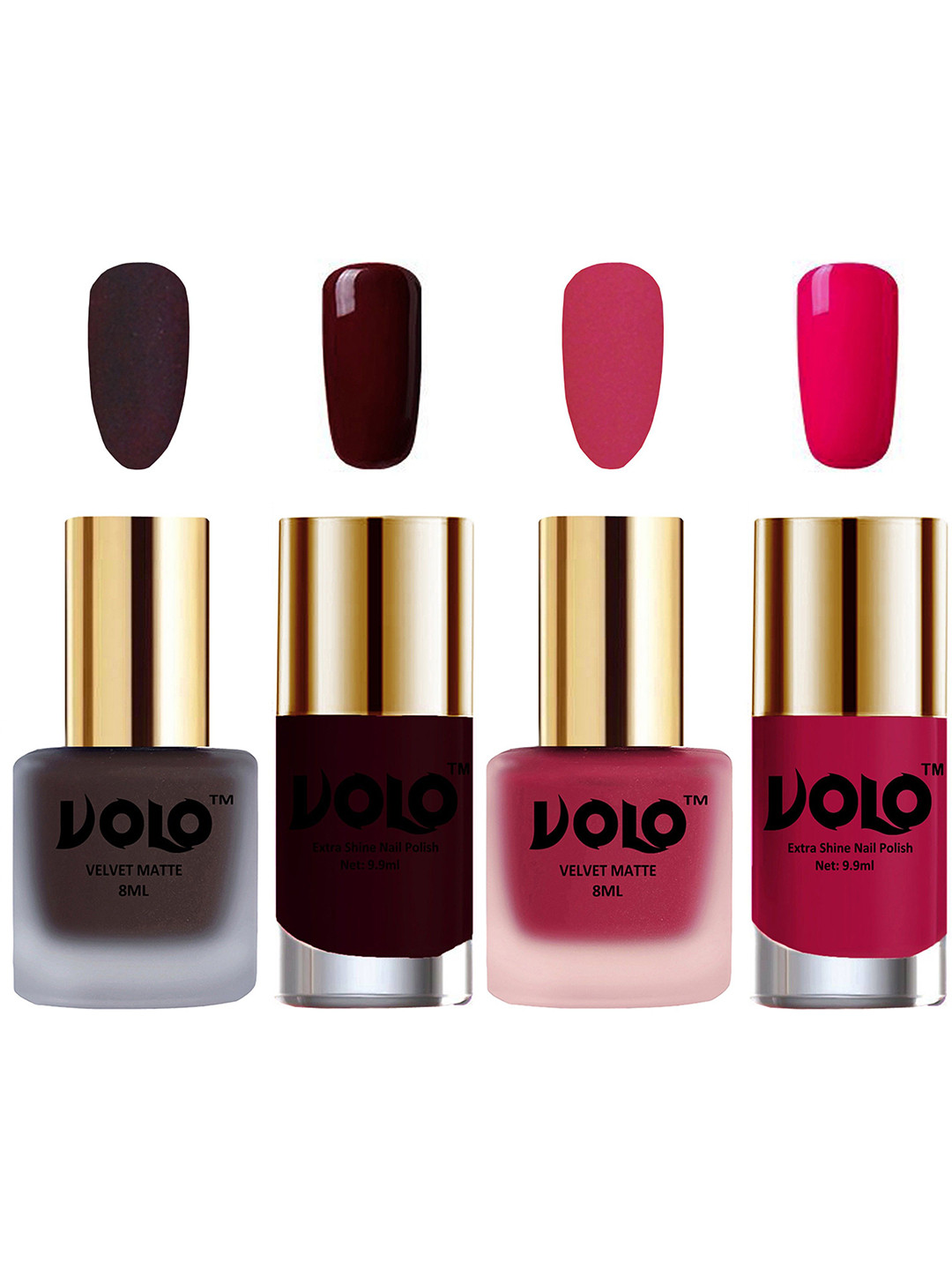 VOLO Set Of 4 Velvet Matte & Extra Shine Nail Polish- 8 ml & 9.9 ml Each Shade 29-43-44-53