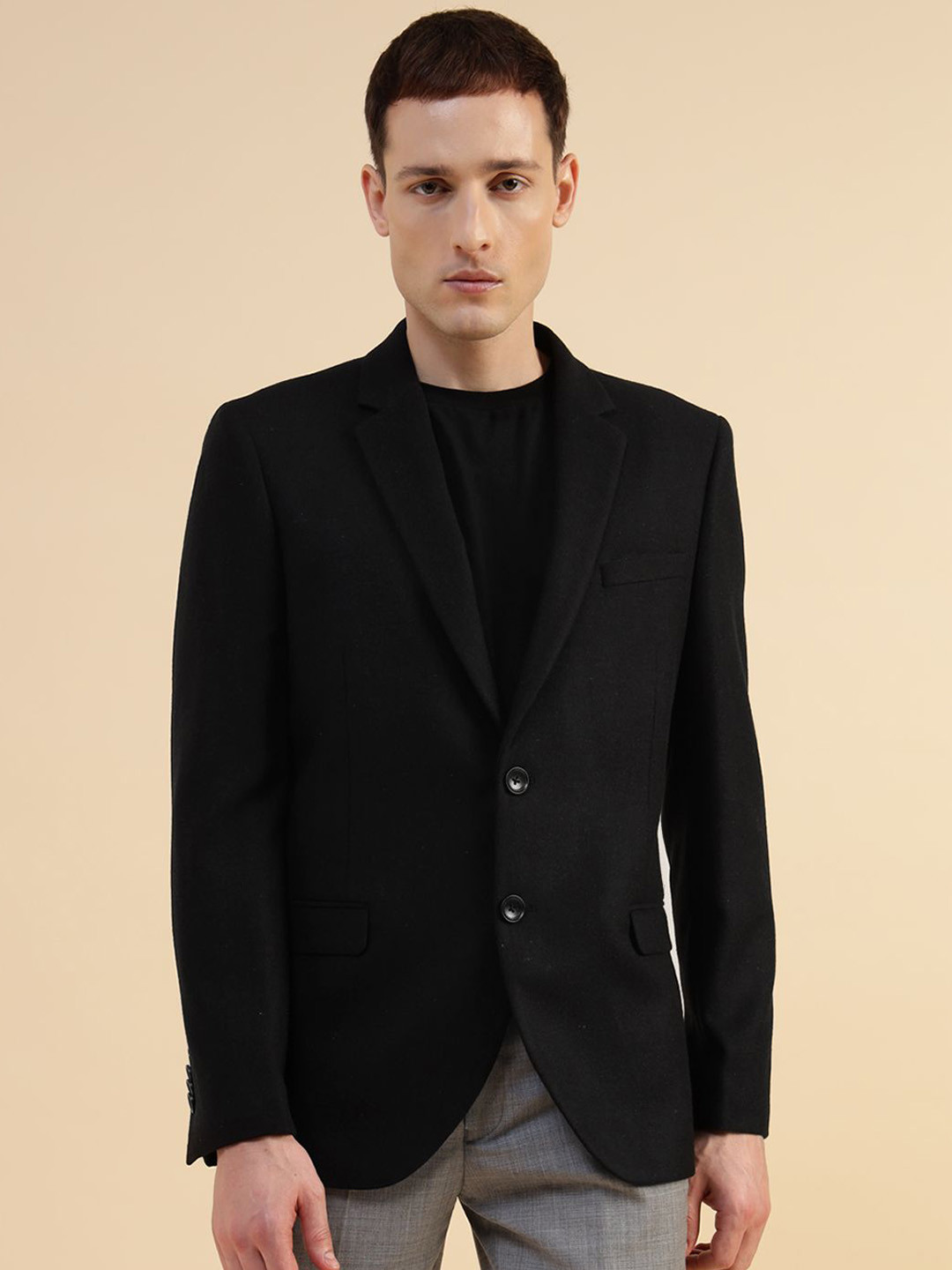 Givo Notched Lapel Single-Breasted Tweed Smart Fit Formal Blazer