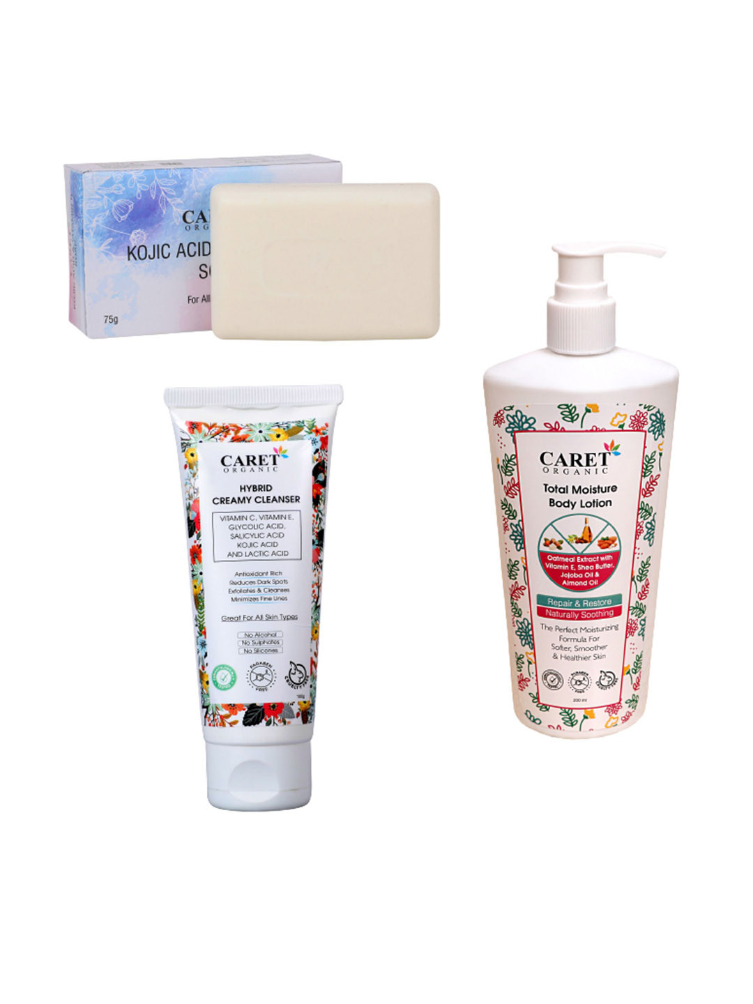 CARET ORGANIC Kojic Acid Soap & Hybrid Creamy Face Wash & Total Moisture Body Lotion