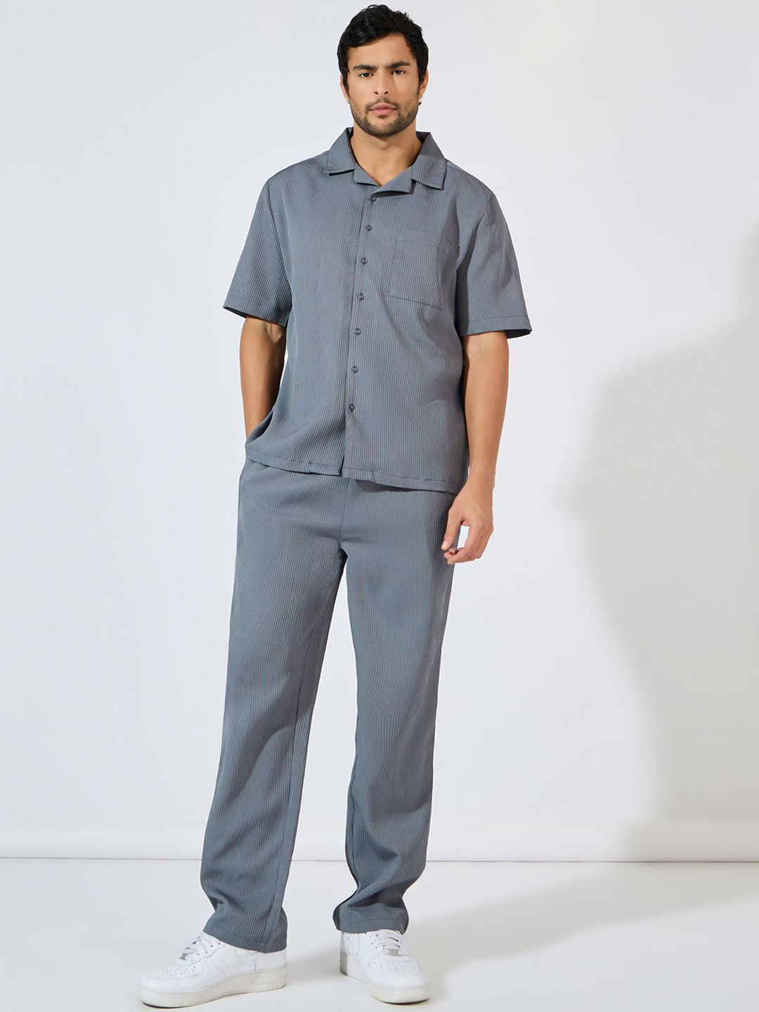 Styli Grey Self Design Pleated Corduroy Weave Relaxed Resort Collar Shirt With Trousers