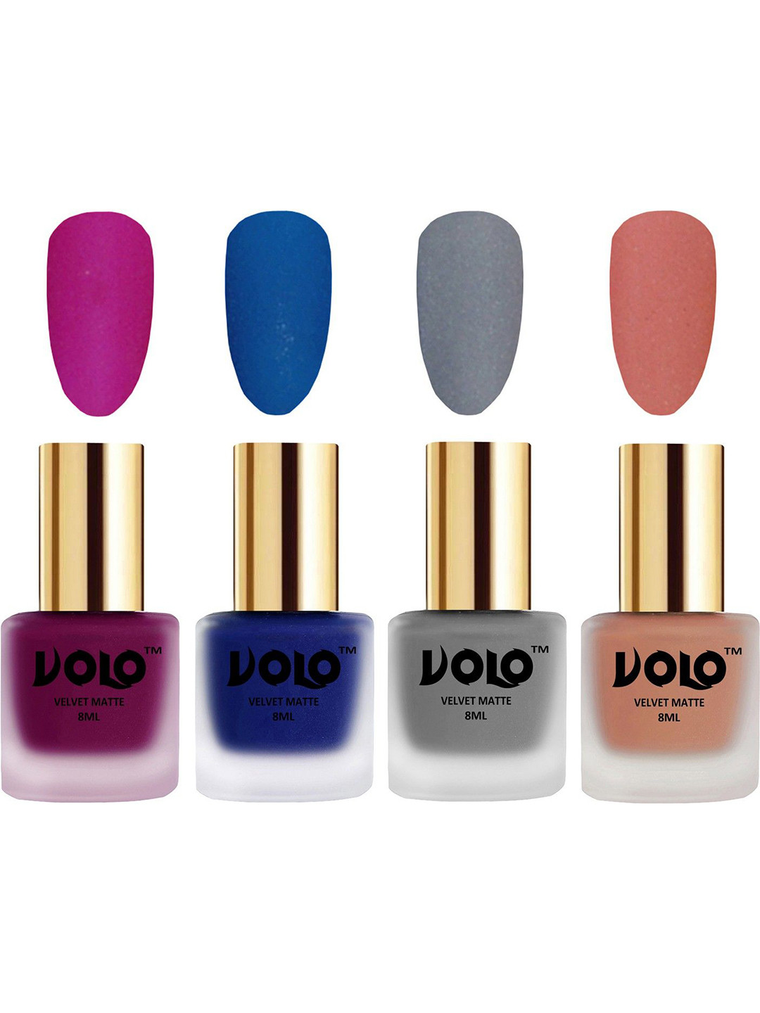 VOLO Set Of 4 Velvet Matte Nail Polish - 8 ml Each - Magenta - Light Peach - Blue - Grey