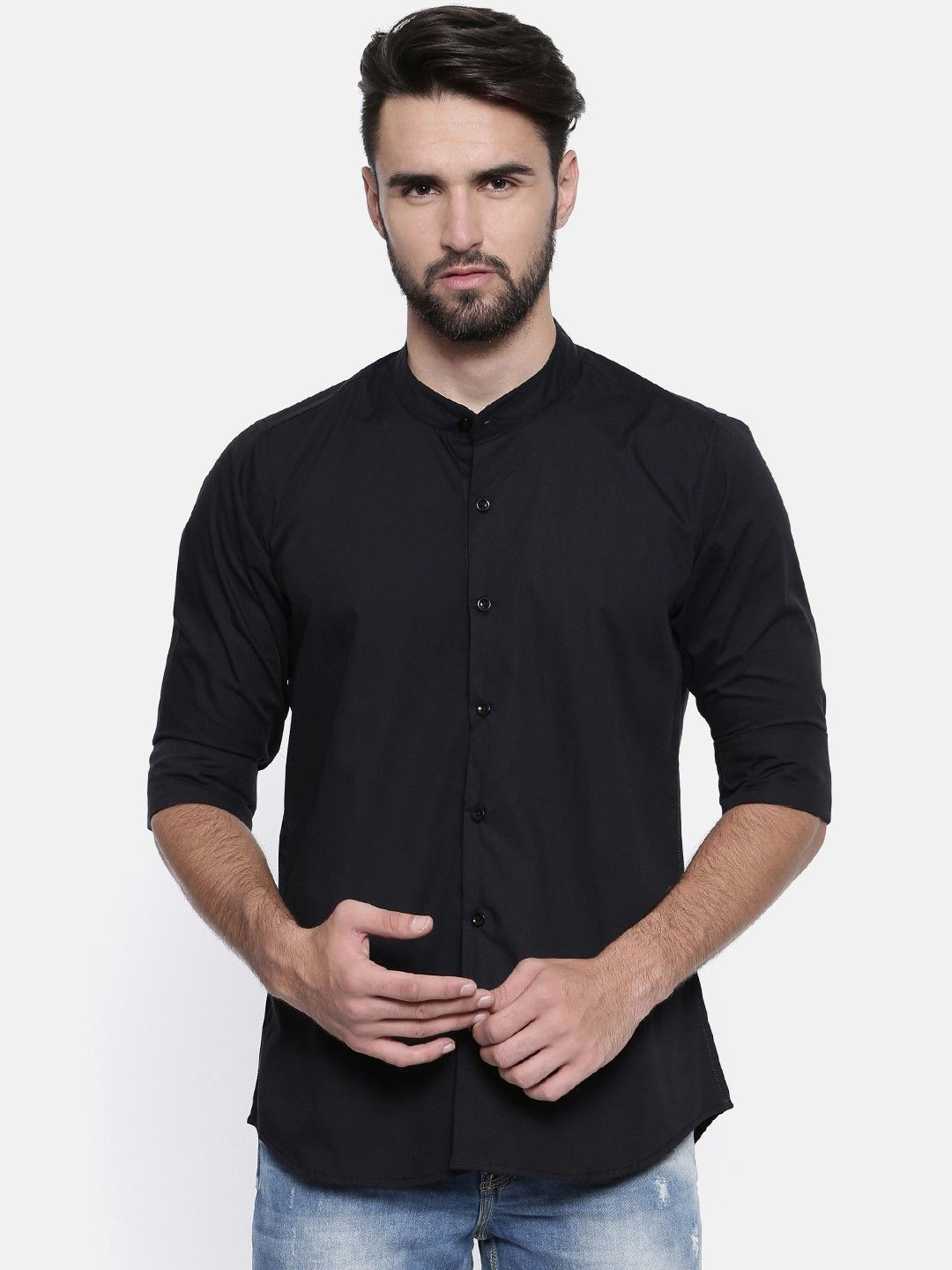 Cross Court Men Band Collar Solid Cotton Slim Fit Casual Shirt