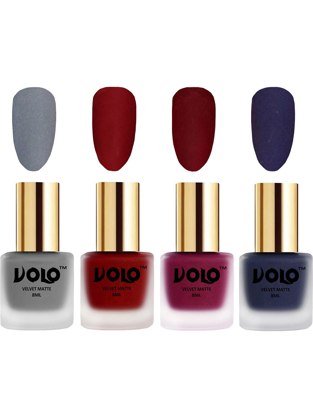 VOLO Set Of 4 Velvet Matte Nail Polish - 8 ml-Tomato Red-Russian Navy Blue-Grey-Carrot Red
