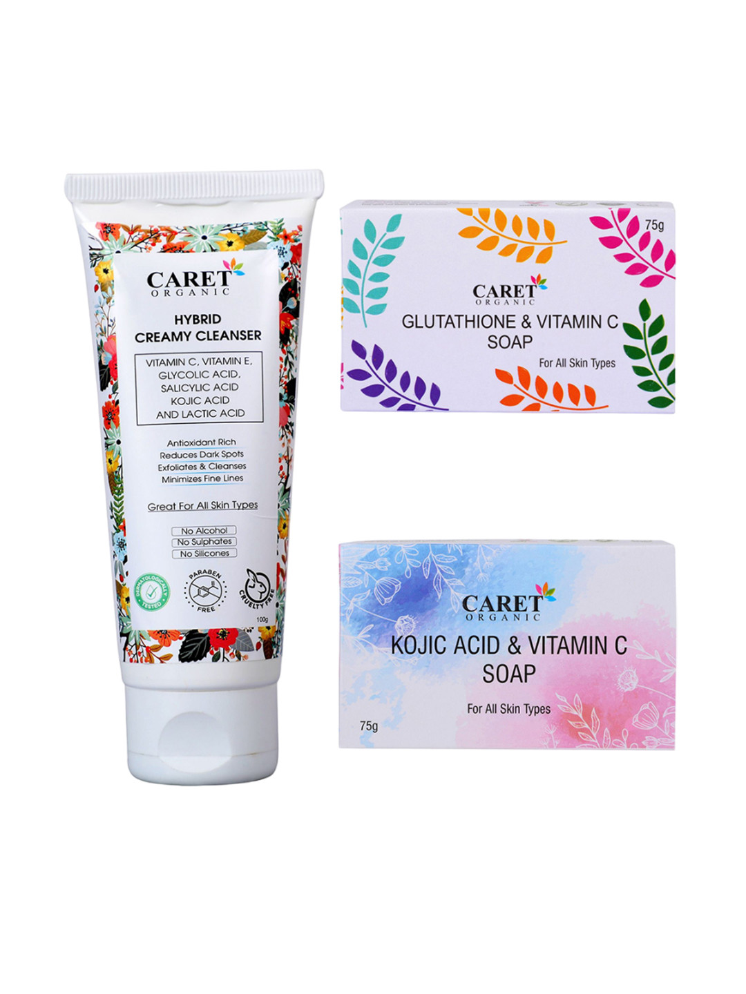 CARET ORGANIC Hybrid Creamy Cleanser, Glutathione Soap & Vitamin C & Kojic Acid Soap