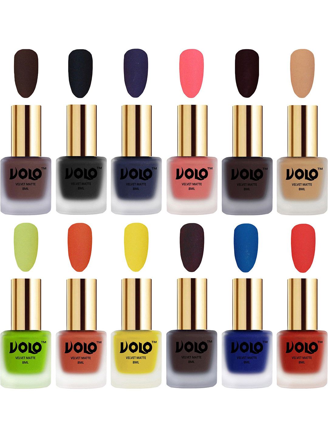 VOLO Set Of 12 Velvet Matte Nail Polish - 8 ml Each -Wine-Coral-Navy Blue-Brown-Blue-Black