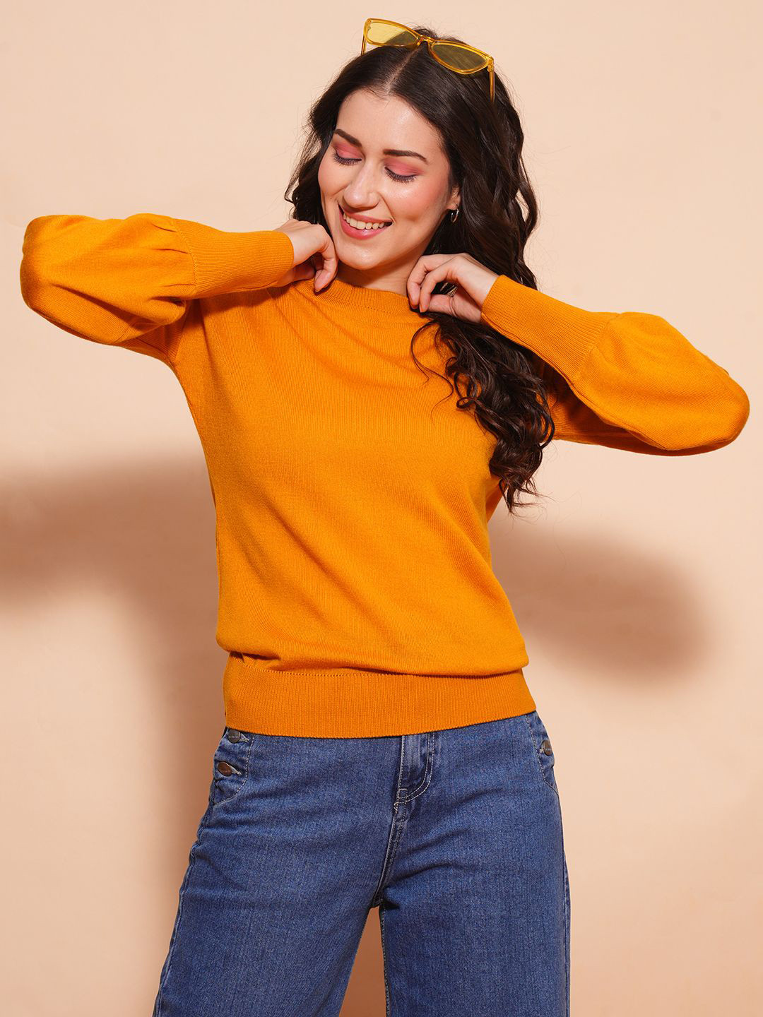 Globus Women Cotton Bishop Sleeves Ribbed Hem Flat Knitted Pullover Sweater