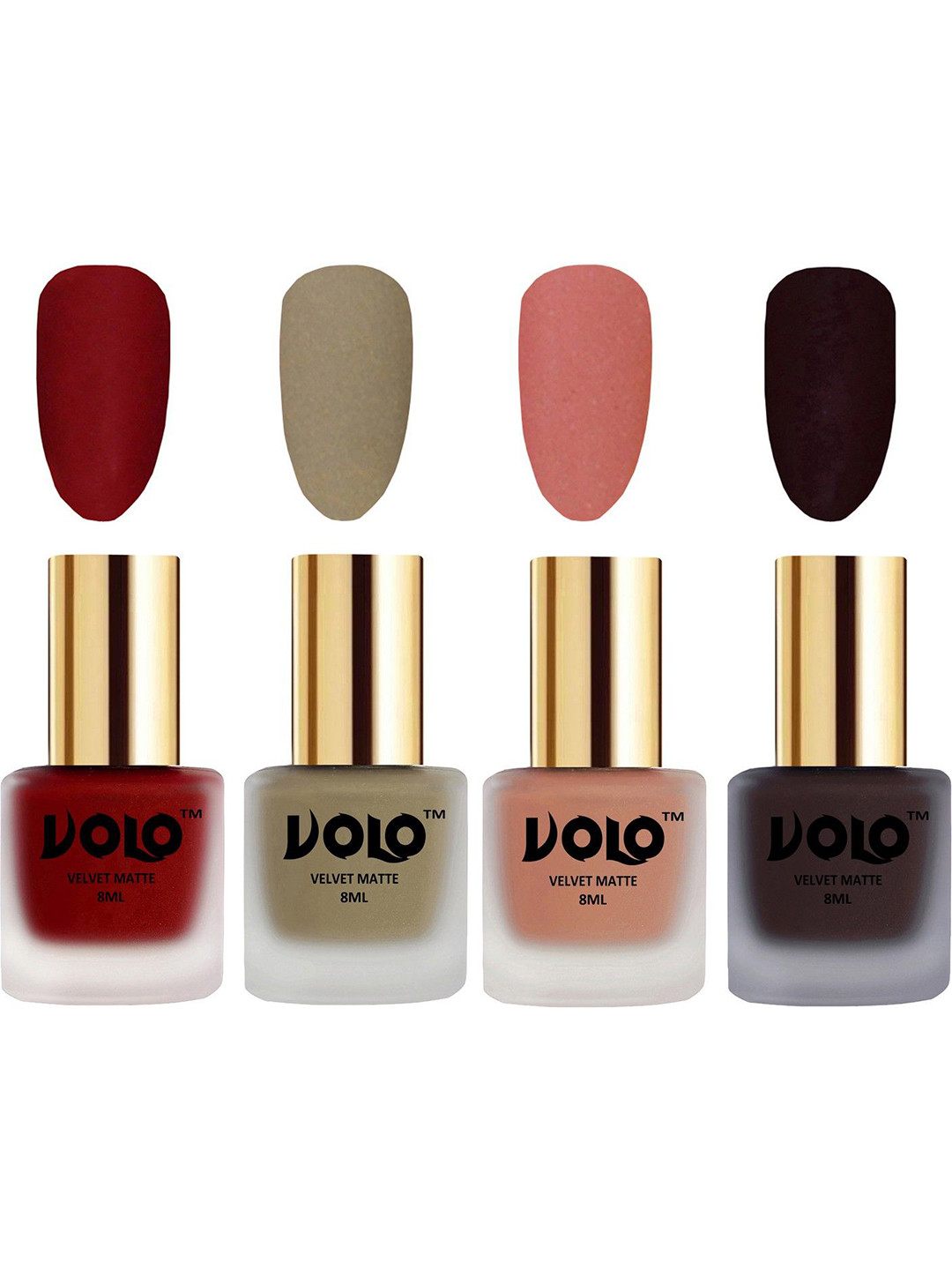 VOLO Set Of 4 Velvet Matte Nail Polish - 8 ml - Tomato Red-Dark Wine-Sand Nude-Light Peach