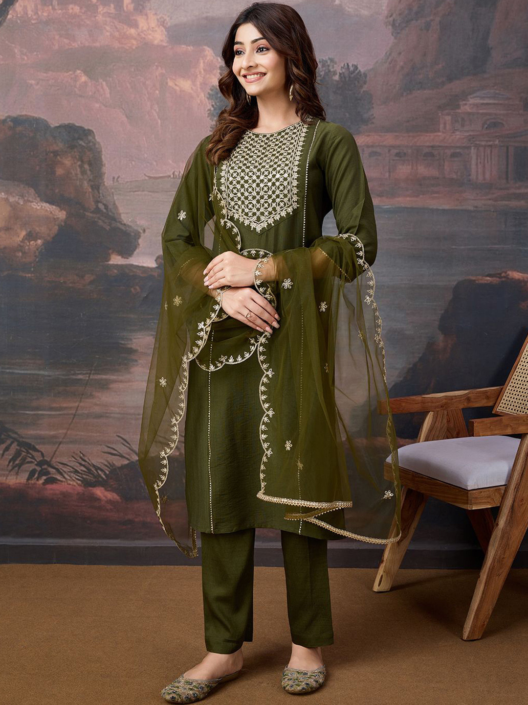 House of Pataudi Women Embroidered Straight Kurta Sets