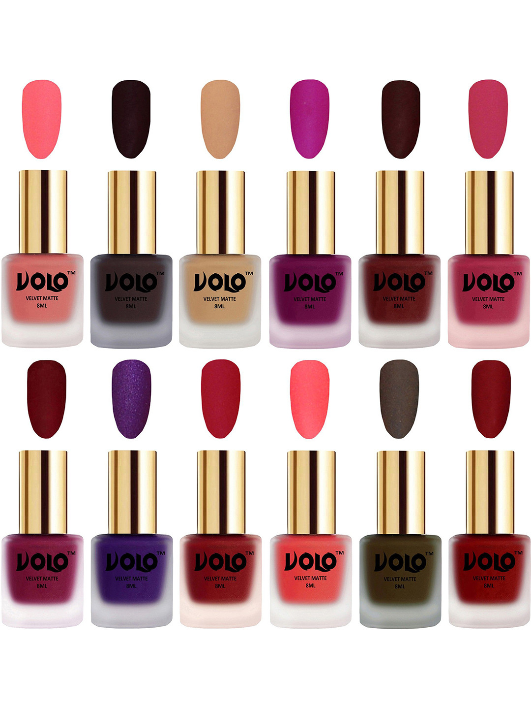 VOLO Set Of 12 Velvet Matte Nail Polish - 8 ml Each -Wine-Magenta-Red-Purple-Neon-Olive