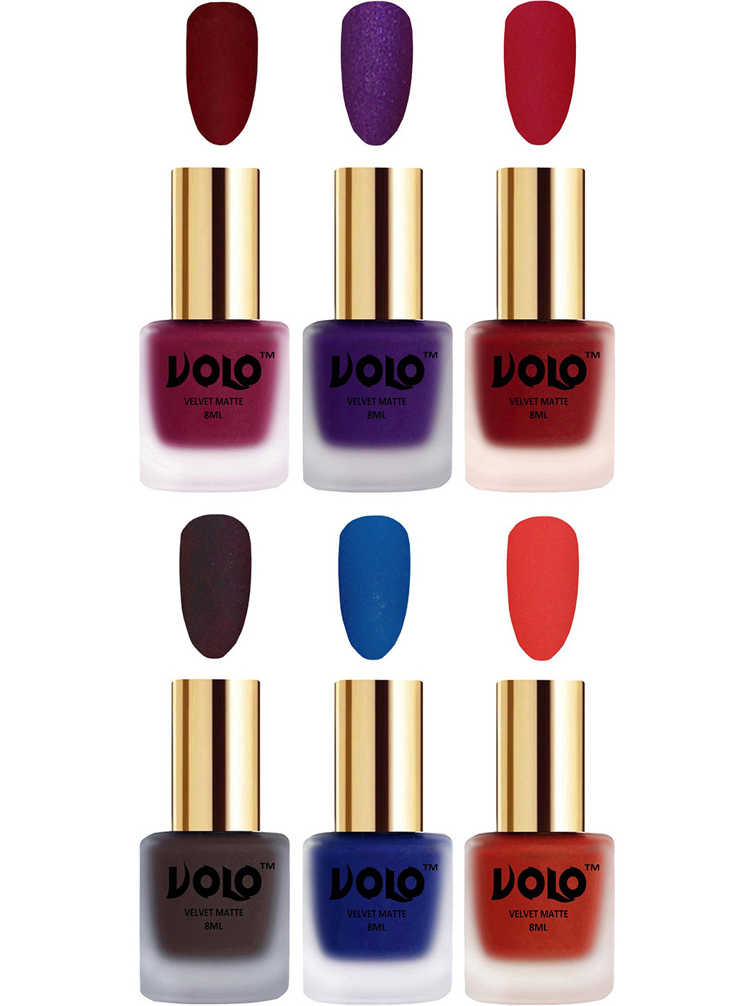 VOLO Set Of 6 Velvet Matte Nail Polish - 8 ml Each - Coral - Metallic Dark Purple